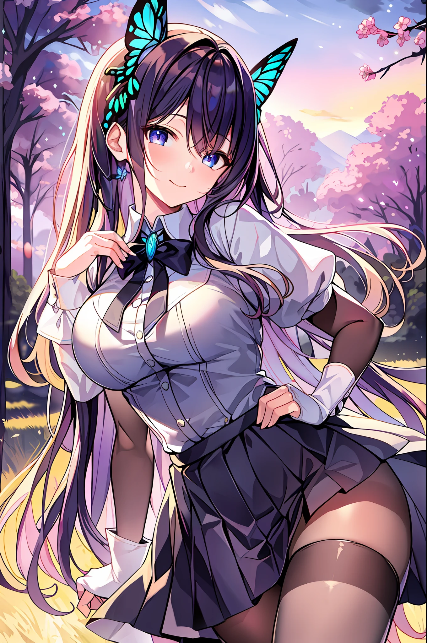 masterpiece, best quality, against backlight at dusk, in a meadow, girl, very long hair, beautiful detailed eyes, gradient_eyes, looking at viewer, half-closed eyes, seductive smile, large breasts, school uniform, hair_ribbon, white pantyhose, fingerless_gloves, hand on hip, leaning forward，hand on own chest, multi-tied hair, butterfly hair ornament,