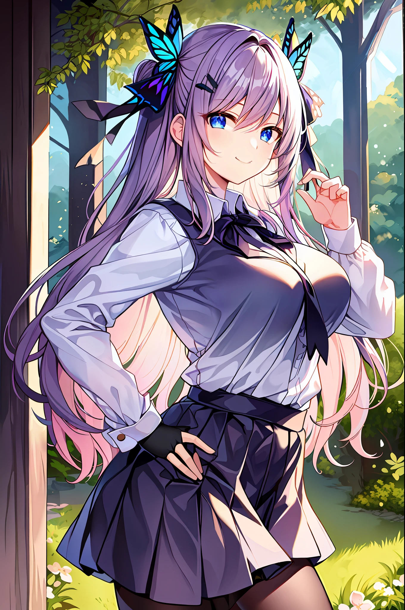 masterpiece, best quality, against backlight at dusk, in a meadow, girl, very long hair, beautiful detailed eyes, gradient_eyes, looking at viewer, half-closed eyes, seductive smile, large breasts, school uniform, hair_ribbon, white pantyhose, fingerless_gloves, hand on hip, leaning forward,hand on own chest, multi-tied hair, butterfly hair ornament,