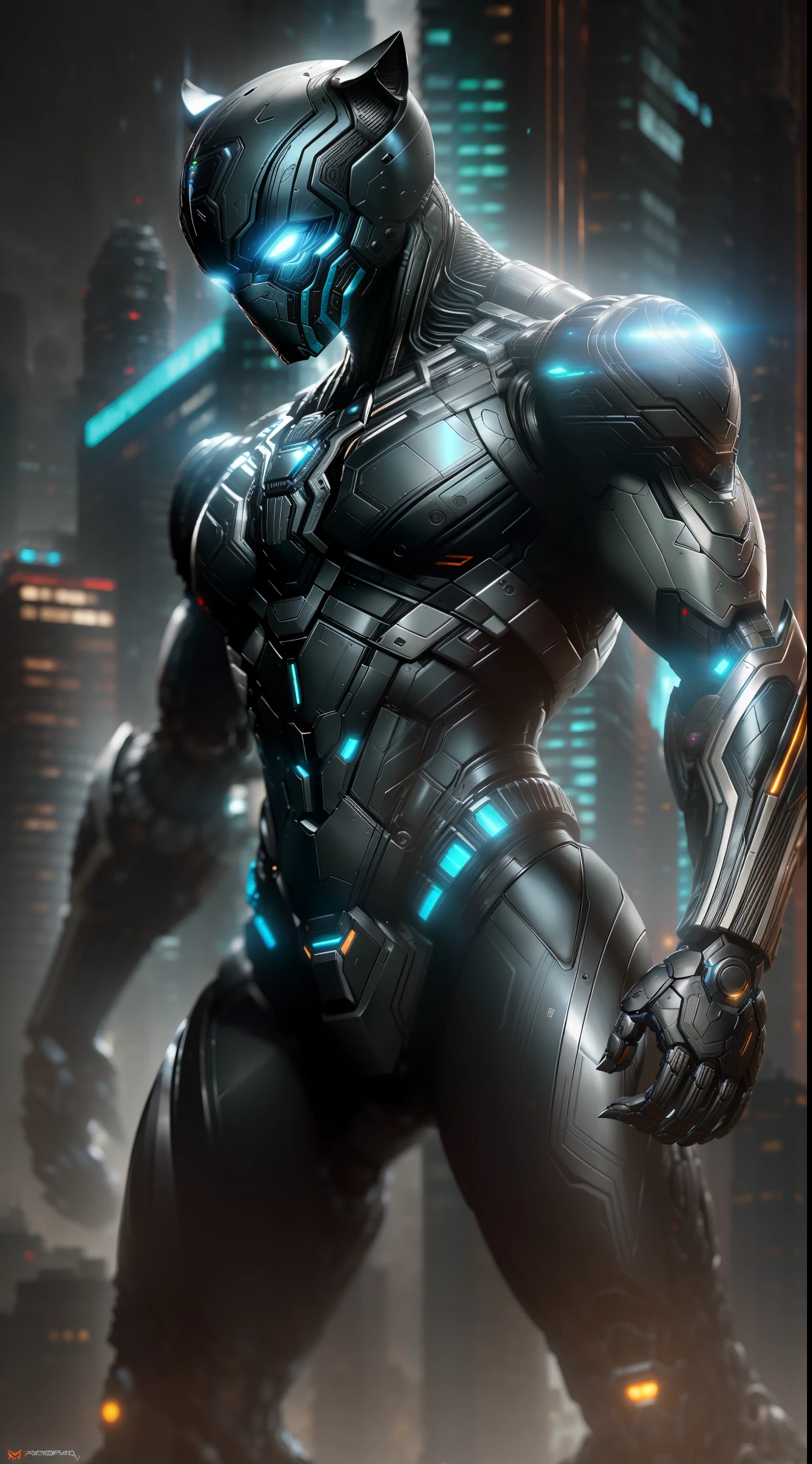 Black Panther from Marvel photography, biomechanical, complex robot, full growth, hyper-realistic, insane small details, extremely clean lines, cyberpunk aesthetic, masterpiece featured on Zbrush Central