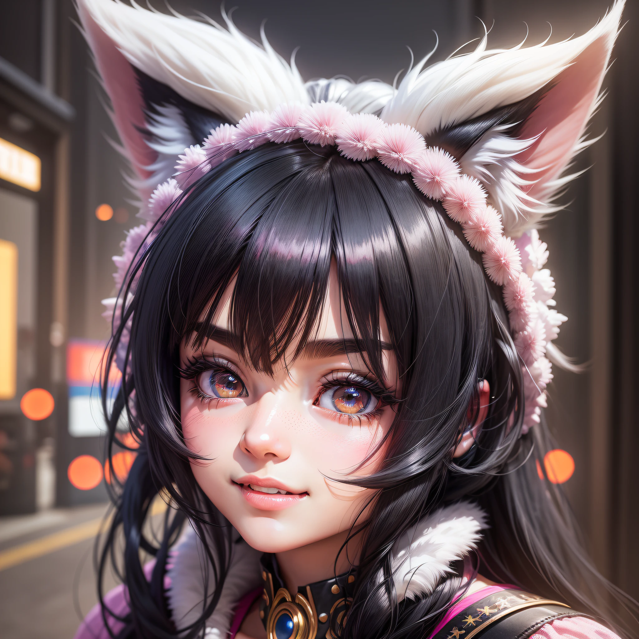 fake animal ears, black hair, hair bobbles, wince, longeyelashes, solid circle eyes, atmospheric perspective, light smile, ear blush, fang, Surrealism, drop shadow, anaglyph, stereogram, tachi-e, pov, 8k, super detail, ccurate, best quality