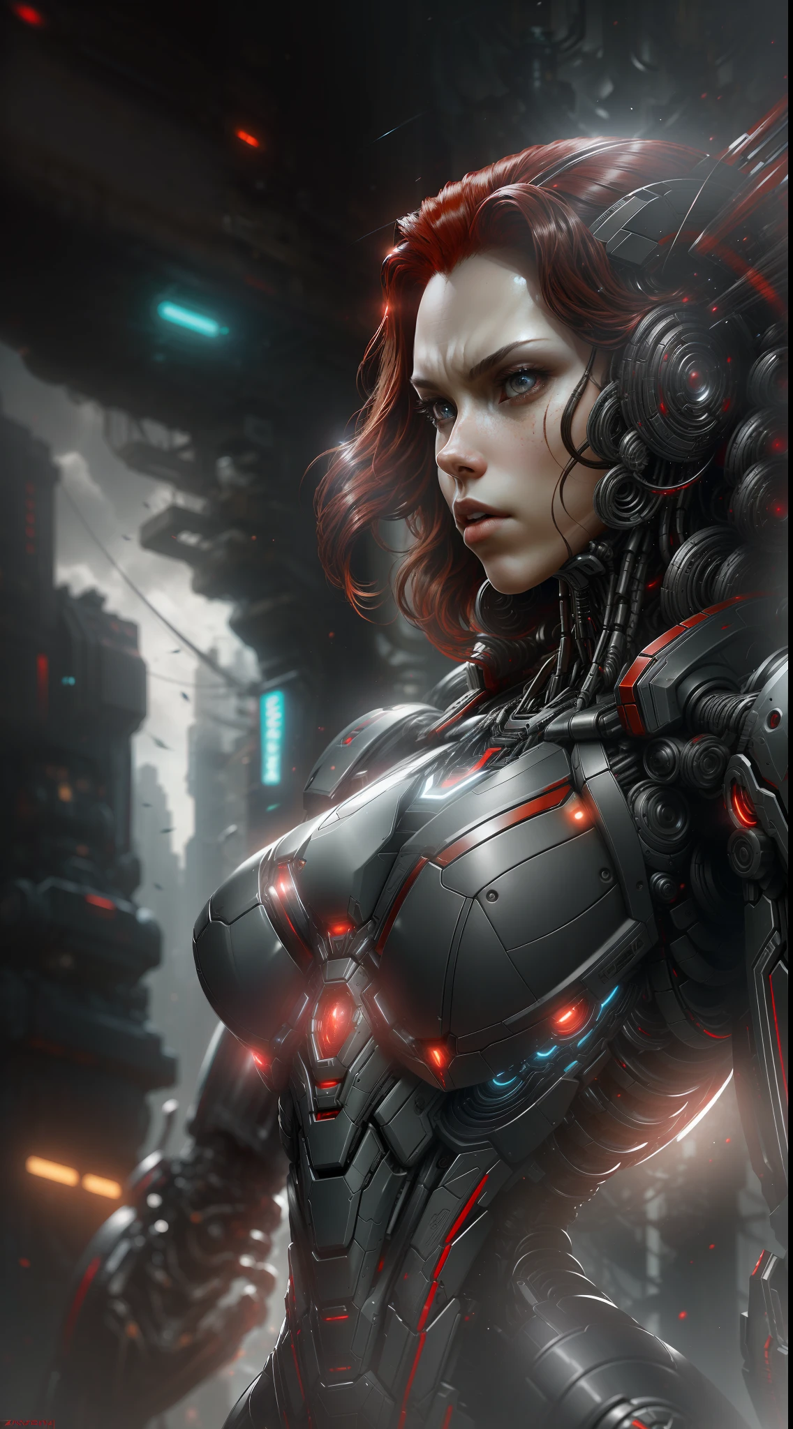 Black Widow from Marvel photography, biomechanical, complex robot, full growth, hyperrealistic, insane small details, extremely clean lines, cyberpunk aesthetic, a masterpiece featured on Zbrush Central