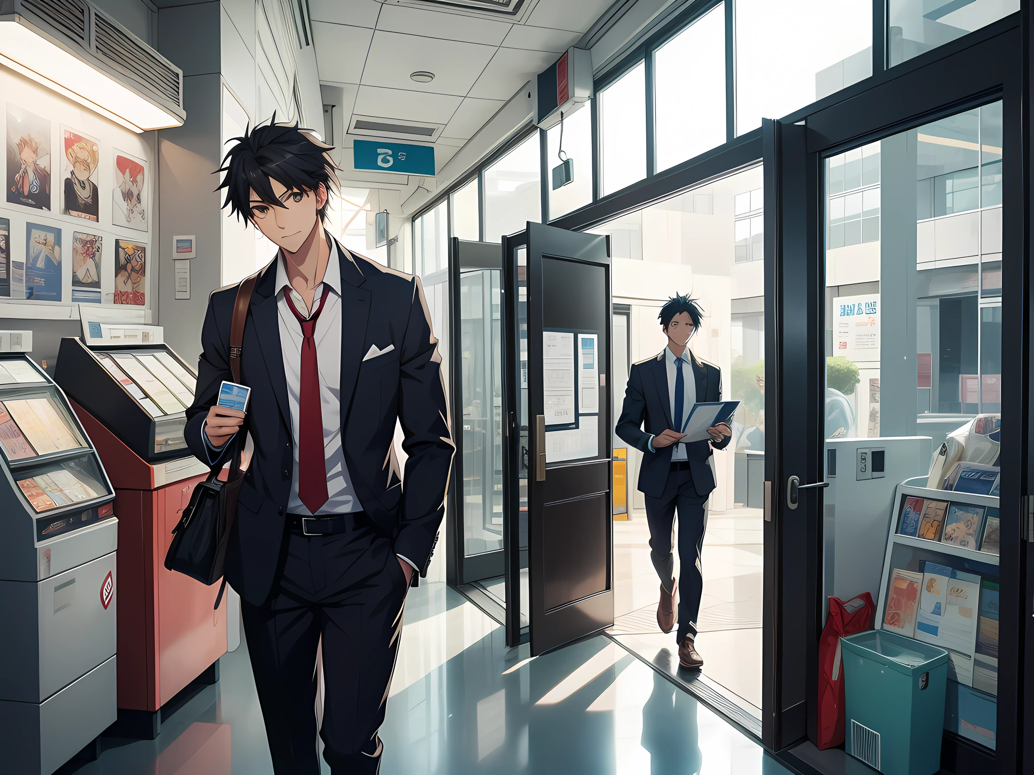 A handsome boy takes out a bank card, manga, anime style at the entrance of the hospital