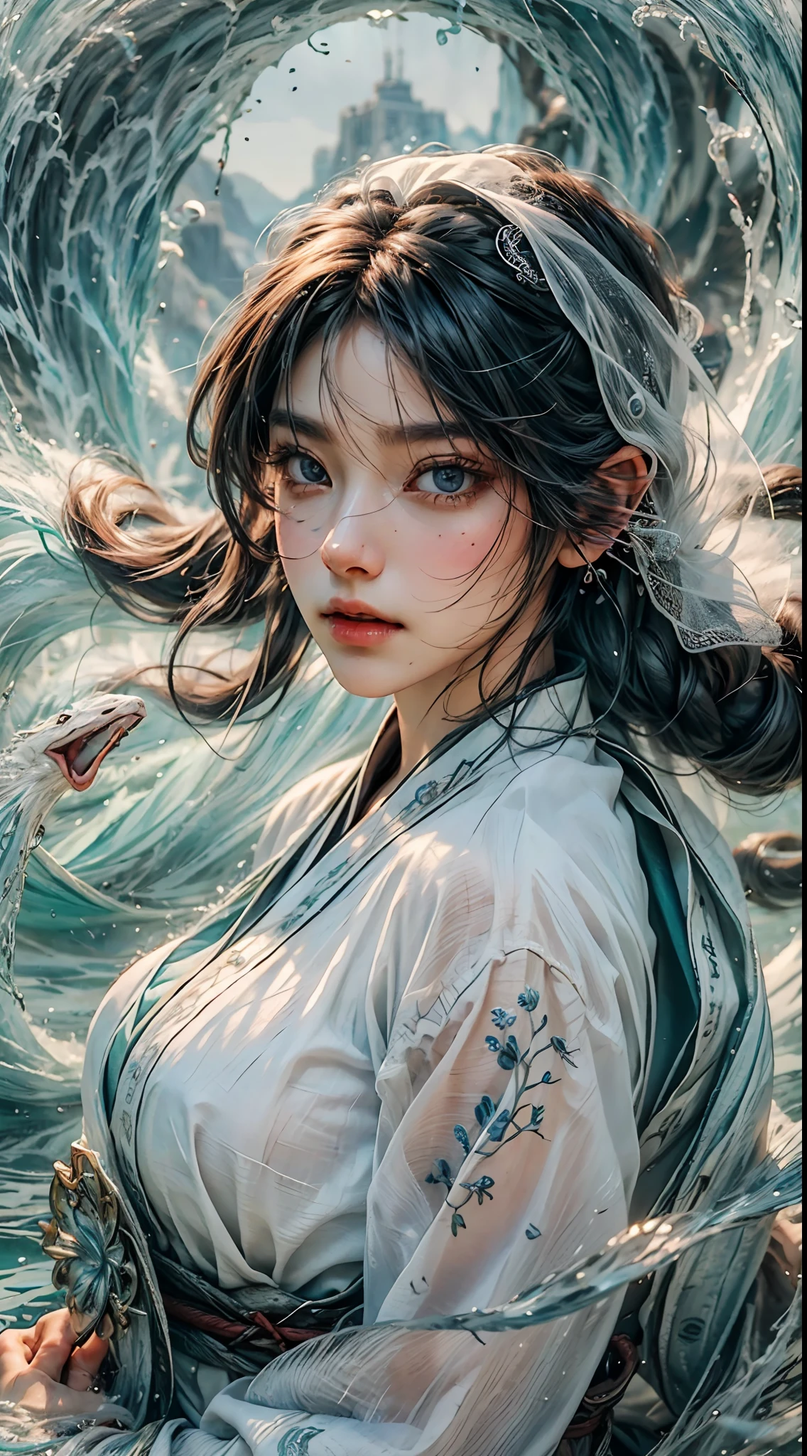 (RAW Photo, Best Quality), (Realistic: 1.3), Best Quality, Highly Detailed, Masterpiece, Hyperdetail, Illustration, 1 Girl, upper_body, Dynamic Angle, World Mastery Theater, messy_long_hair, Best Quality, Extremely Detailed CG Unified 8k Wallpaper, Ink, Breathtaking, Cinematic Light, lens_flare, Fantastic Big Eyes, (Yushui: 1.2), Water, Waves, White Clothes, White Veil, (White Snake: 1.2), Sony main shot