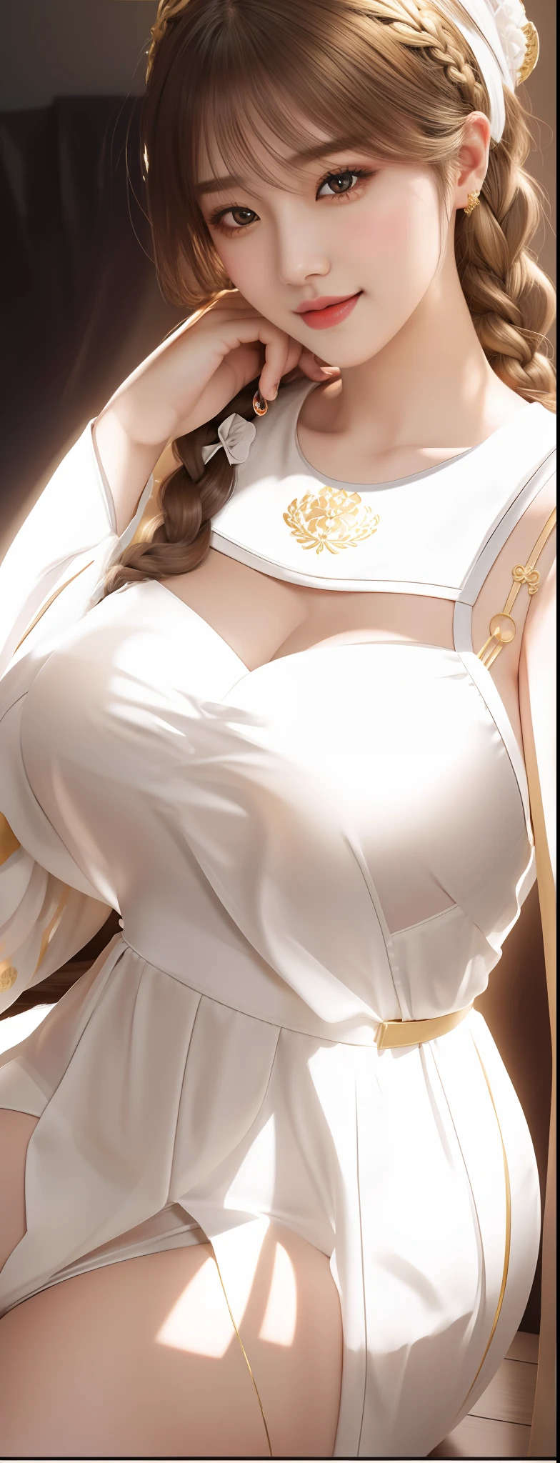 An Idol k-pop girl, cute girl, sexy girl, white braid hair, intricate face details, detailed face, golden ratio face, big breast, big butt, big hip, big thighs, full body, 64K, UHD, HDR, high quality, high detailed, hyper detailed, extremely detailed, photo realistic, ultra realistic, art photo, clarify the details, detailed parts body, intricate artwork masterpiece, trending on artstation, light smile