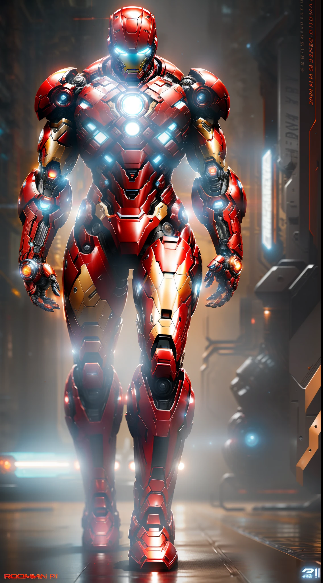 Iron Man from Marvel photography, biomechanical, complex robot, full-length, hyper-realistic, insane small details, extremely clean lines, cyberpunk aesthetic, masterpiece featured on Zbrush Central