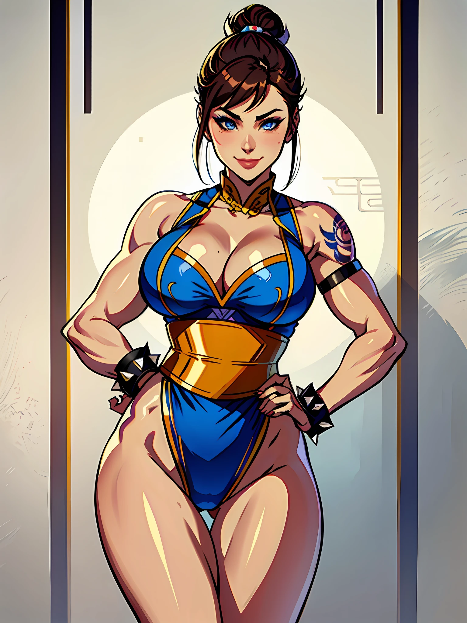 (masterpiece:1.2, best quality), chun-li, solo, looking at viewer, brown hair, tattoo
BREAK
, double hair bun, bun cover, blue chinese clothes, underwear
BREAK
, eyeshadow, makeup, smile, sash, big breasts,
BREAK
, bracelet, spikes, short hair, big hips, muscular legs, painting, long shot