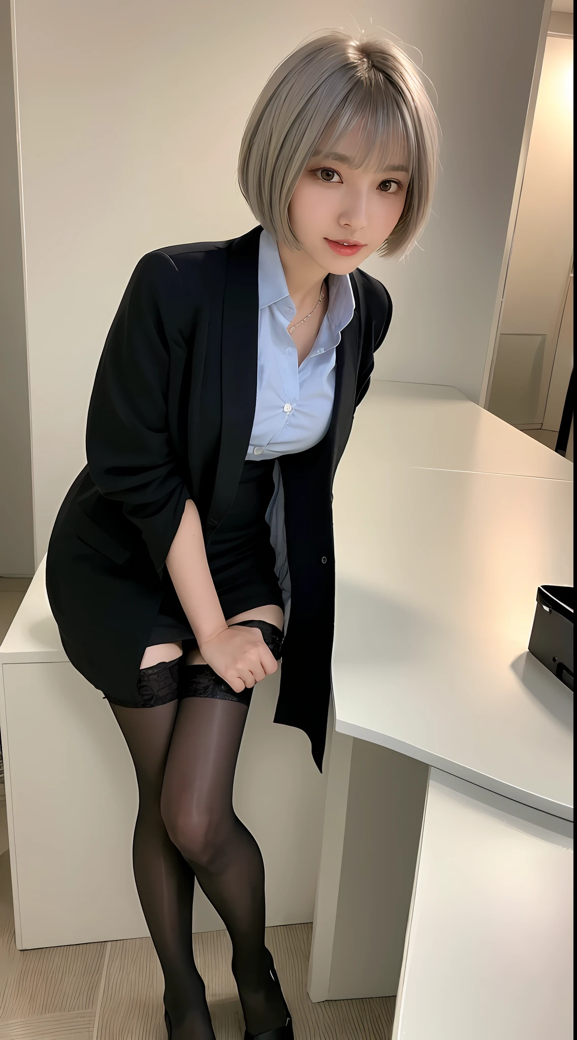((Best Quality, 8k, Masterpiece: 1.3)), 1girl, (RAW photo, best quality), (realistic, photo-realistic:1.3), Masterpiece, Extremely Detailed, Extremely Detailed, CG, Unity, 2k wallpaper, Amazing, fine detail, light smile, extremely CG unity 8k wallpaper , huge file size, super detailed, highres, ridiculous, soft light, (((short hair: 1.3), short bangs, silver hair, flowing novafrogstyle)), pretty detail girl, finger detail, eyes and face extremely detailed, beautiful and delicate nose, beautiful and delicate eyes, long eyelashes, shallow face, looking at the audience, (Shut up: 1.2), 1girl, cute, young, mature face, (full body: 1.3), (medium breasts), realistic face, realistic body, beautiful detailed thigh, (ulzzang-6500-v1.1:0.8), suit, crossover lace clothes, collared shirt, open clothes, in office, detailed office, cardigan, black stockings, mini skirt, black lingerie, open button shirt,