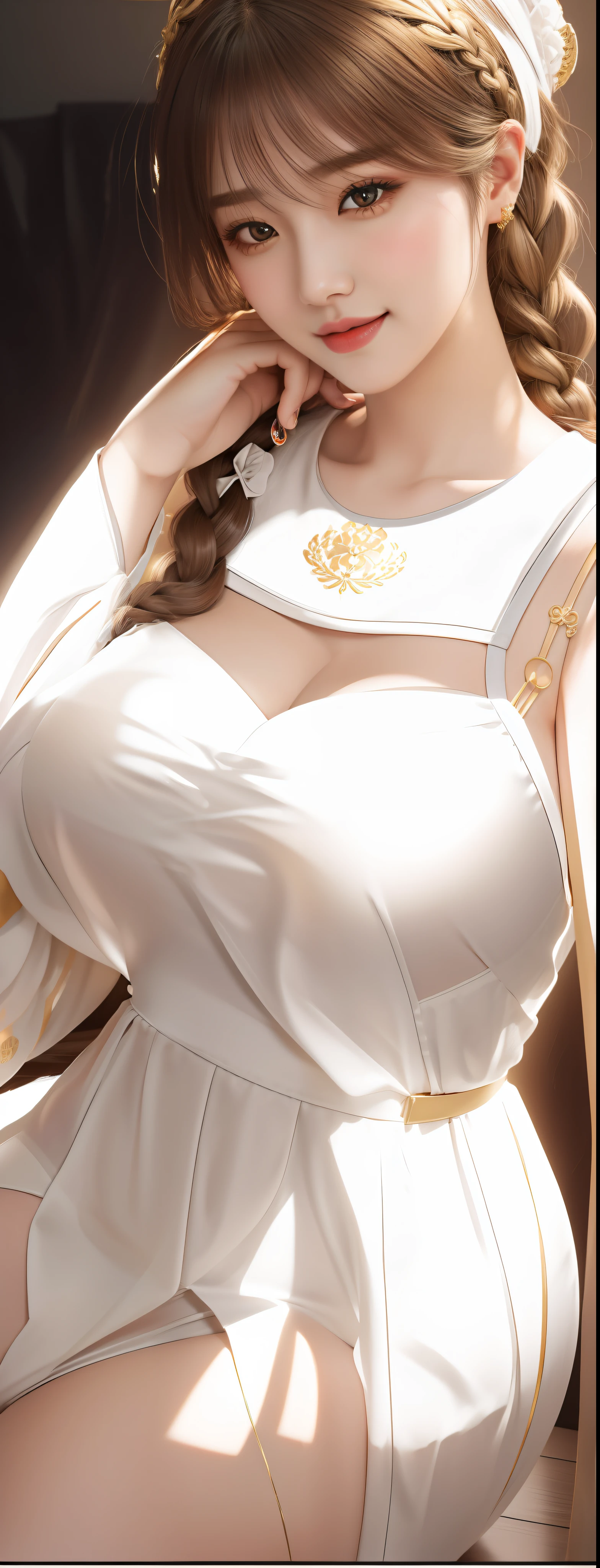 An Idol k-pop girl, cute girl, sexy girl, white braid hair, intricate face details, detailed face, golden ratio face, big breast, big butt, big hip, big thighs, full body, 64K, UHD, HDR, high quality, high detailed, hyper detailed, extremely detailed, photo realistic, ultra realistic, art photo, clarify the details, detailed parts body, intricate artwork masterpiece, trending on artstation, light smile