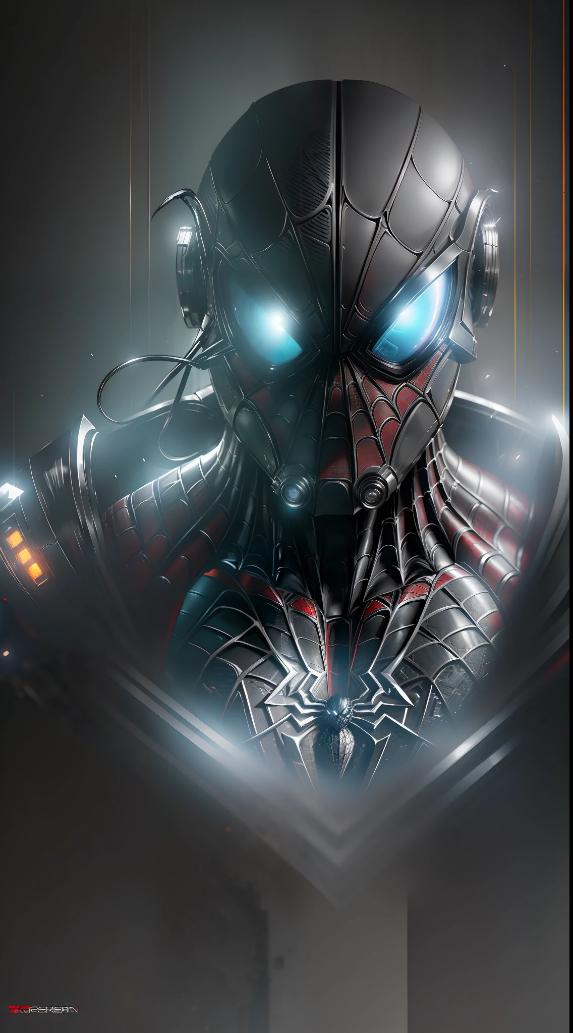 Spider-Man Noir from Marvel photography, biomechanical, complex robot, full growth, hyper-realistic, insane small details, extremely clean lines, cyberpunk aesthetic, masterpiece featured at Zbrush Central