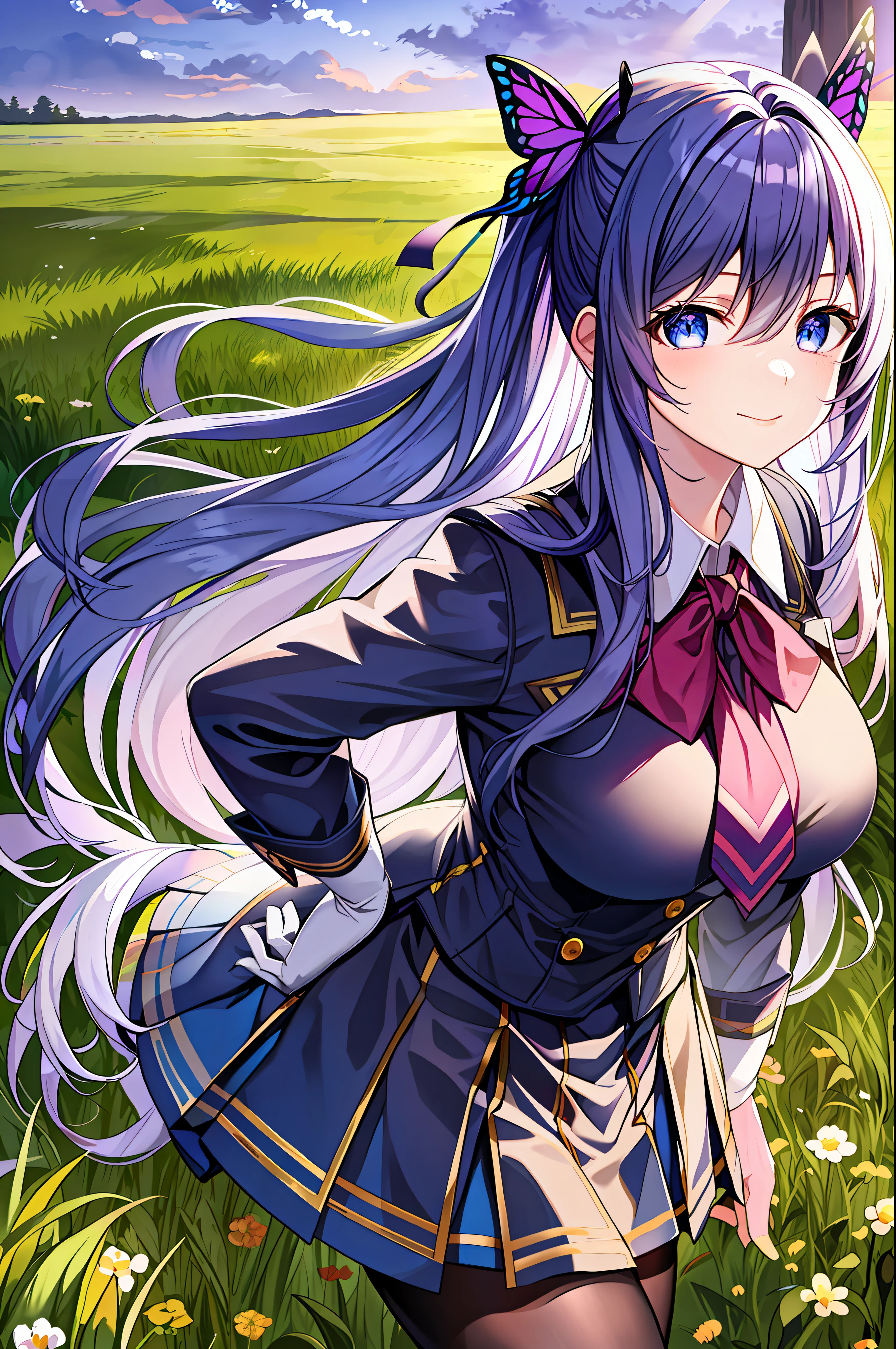 masterpiece, best quality, against backlight at dusk, in a meadow, girl, very long hair, beautiful detailed eyes, gradient_eyes, looking at viewer, half-closed eyes, seductive smile, large breasts, school uniform, hair_ribbon, white pantyhose, fingerless_gloves, hand on hip, leaning forward，hand on own chest, multi-tied hair, butterfly hair ornament,