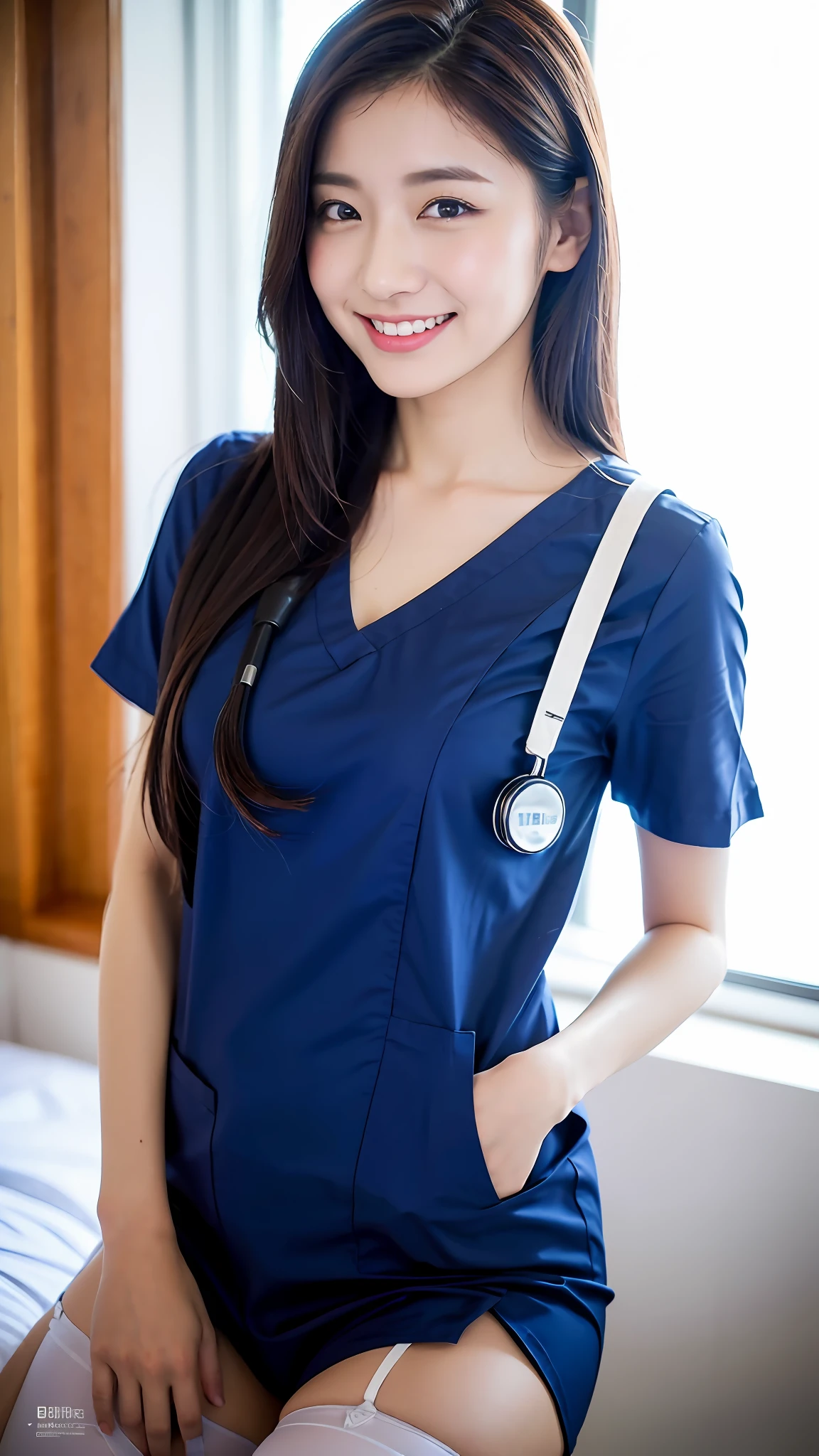 Arad woman posing for photo in blue uniform, nurse, nurse girl, nurse uniform, nurse scrub, doctor, (doctor), nursing, intimate nurse costume, blue uniform, nurse costume, medical staff, doctor, with stethoscope, sakimichan, short sleeves, surgical gown and scrub, plain uniform sky, overalls, big breasts, white suspender stockings, (seduction, 3) (smiling, 2)