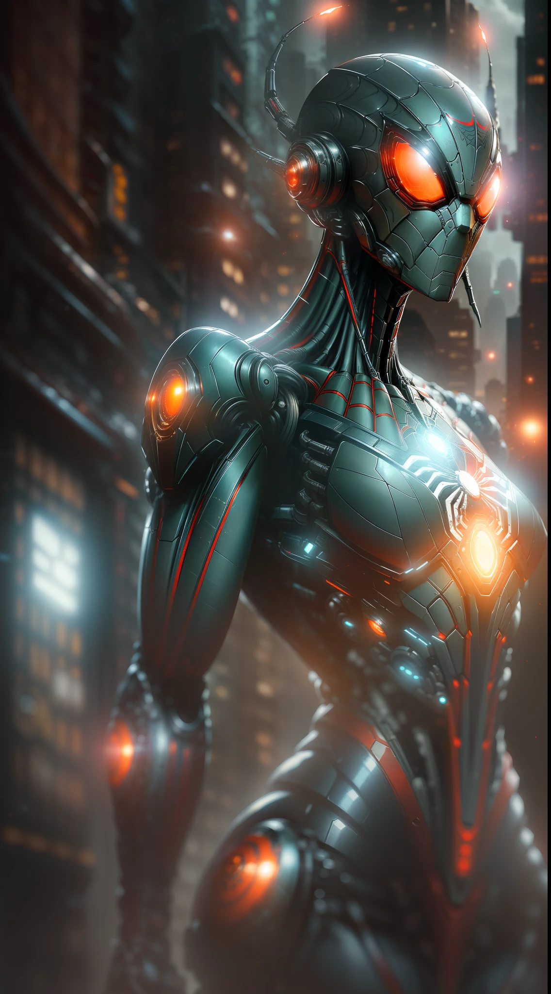 Spider-Biodroid from Marvel photography, biomechanical, complex robot, full growth, hyper-realistic, insane small details, extremely clean lines, cyberpunk aesthetic, a masterpiece presented at Zbrush Central
