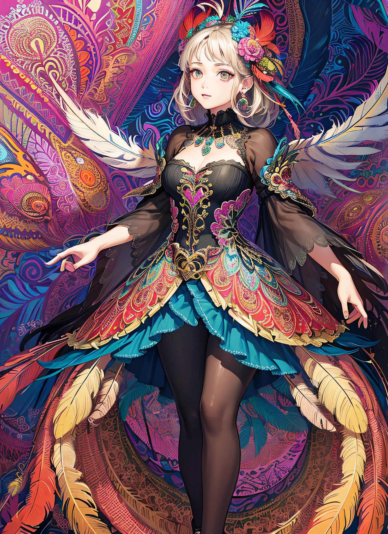 (masterpiece, top quality, best quality, official art, beautiful and aesthetic:1.2), (1girl:1.3), extremely detailed,(fractal art:1.1),(colorful:1.1)(flowers:1.3),highest detailed,(zentangle:1.2), (dynamic pose), (abstract background:1.3), (many colors:1.4), ,(earrings), (feathers:1.5)