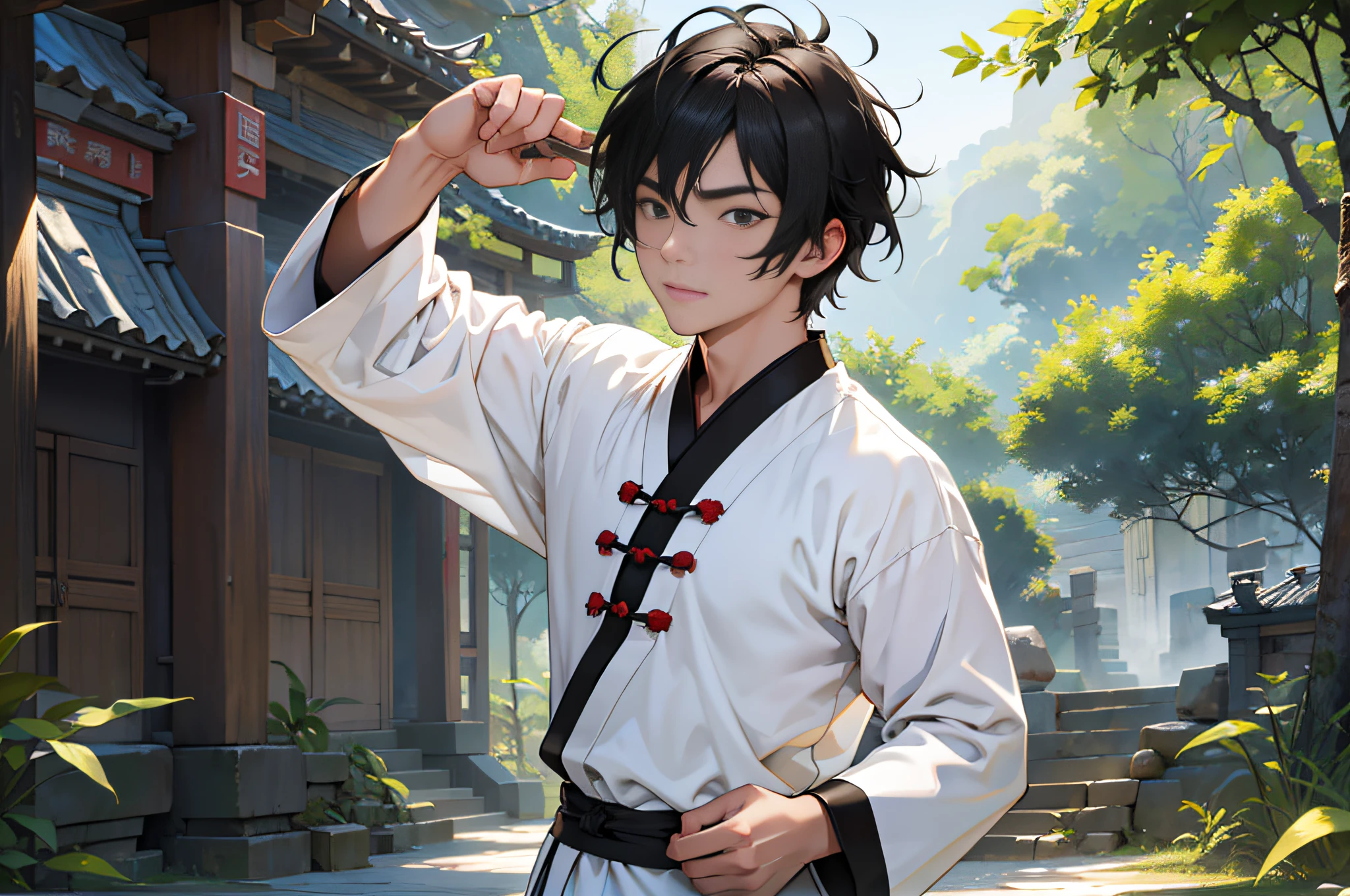 Best Quality, Masterpiece, High Resolution, 1boy, Ancient Chinese, 18 years old, short black hair, white pajamas, Kung Fu, Yard, 4k, 8k. Chinese ancient style. (High Detail skin: 1.2), 8K UHD, DSLR, Soft Light, High Quality, Volume Light, Photo, High Resolution, 4K, 8K.
