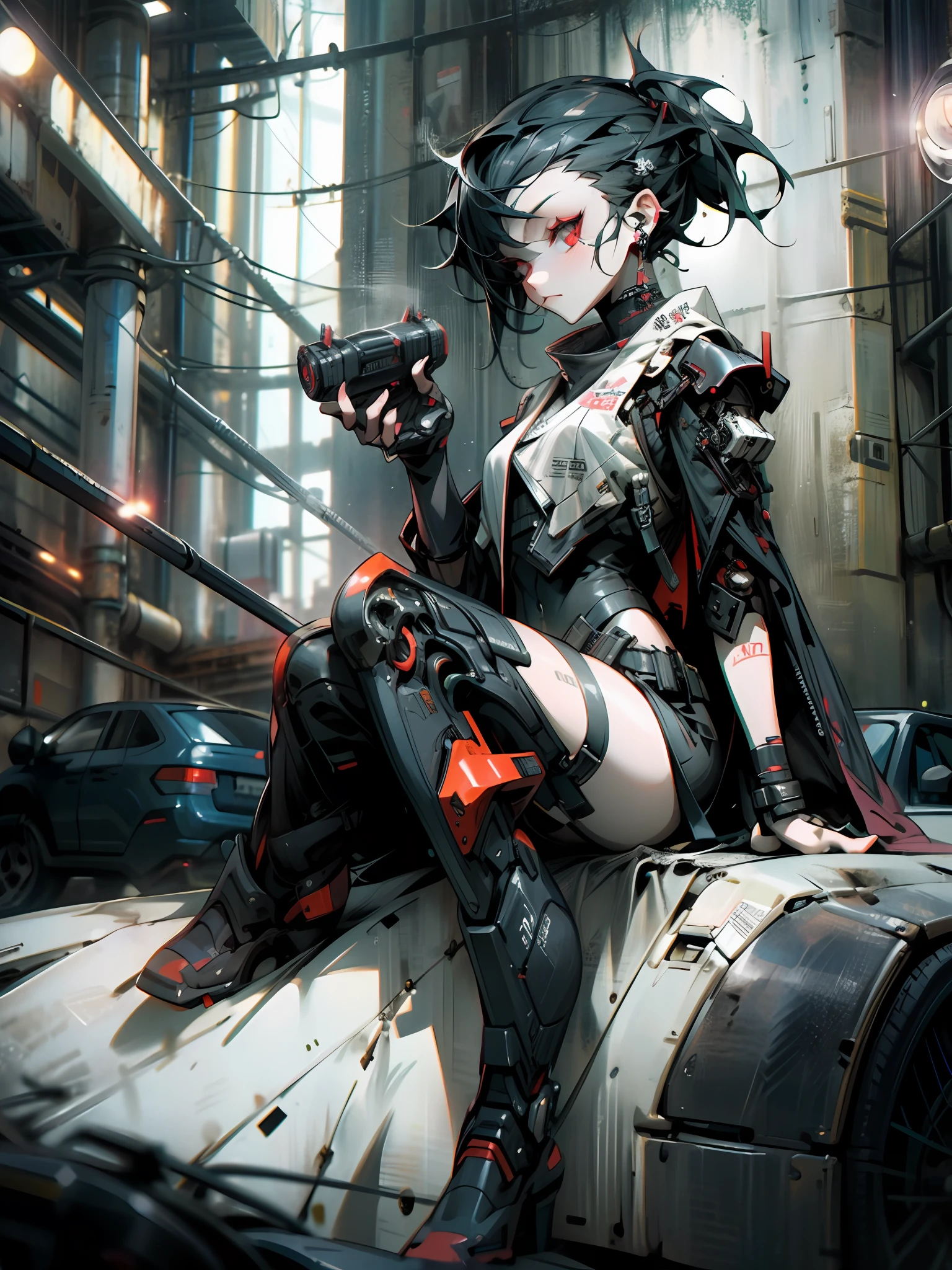 masterpiece, highly detailed, high quality, goth punk girl, red eyes, dynamic pose, sitting on car, pop, cyberpunk, sci-fi, illustration, cinematic lighting,