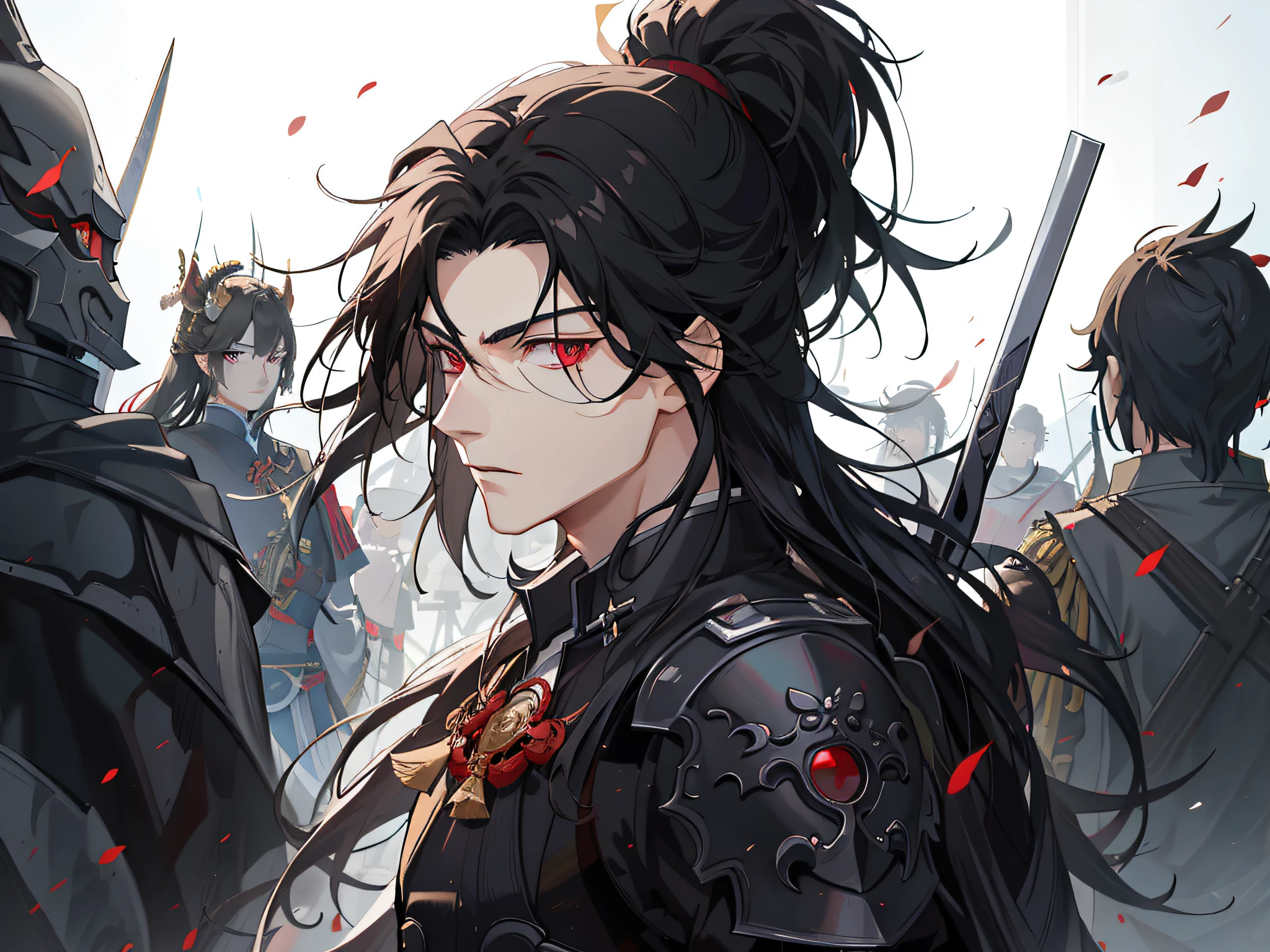 anime character with long black hair and red eyes standing in front of a group of soldiers, handsome guy in demon slayer art, by Yang J, heise jinyao, g liulian art style, keqing from genshin impact, xianxia hero, loong, zhongli from genshin impact, by Li Song, bian lian, zhao yun