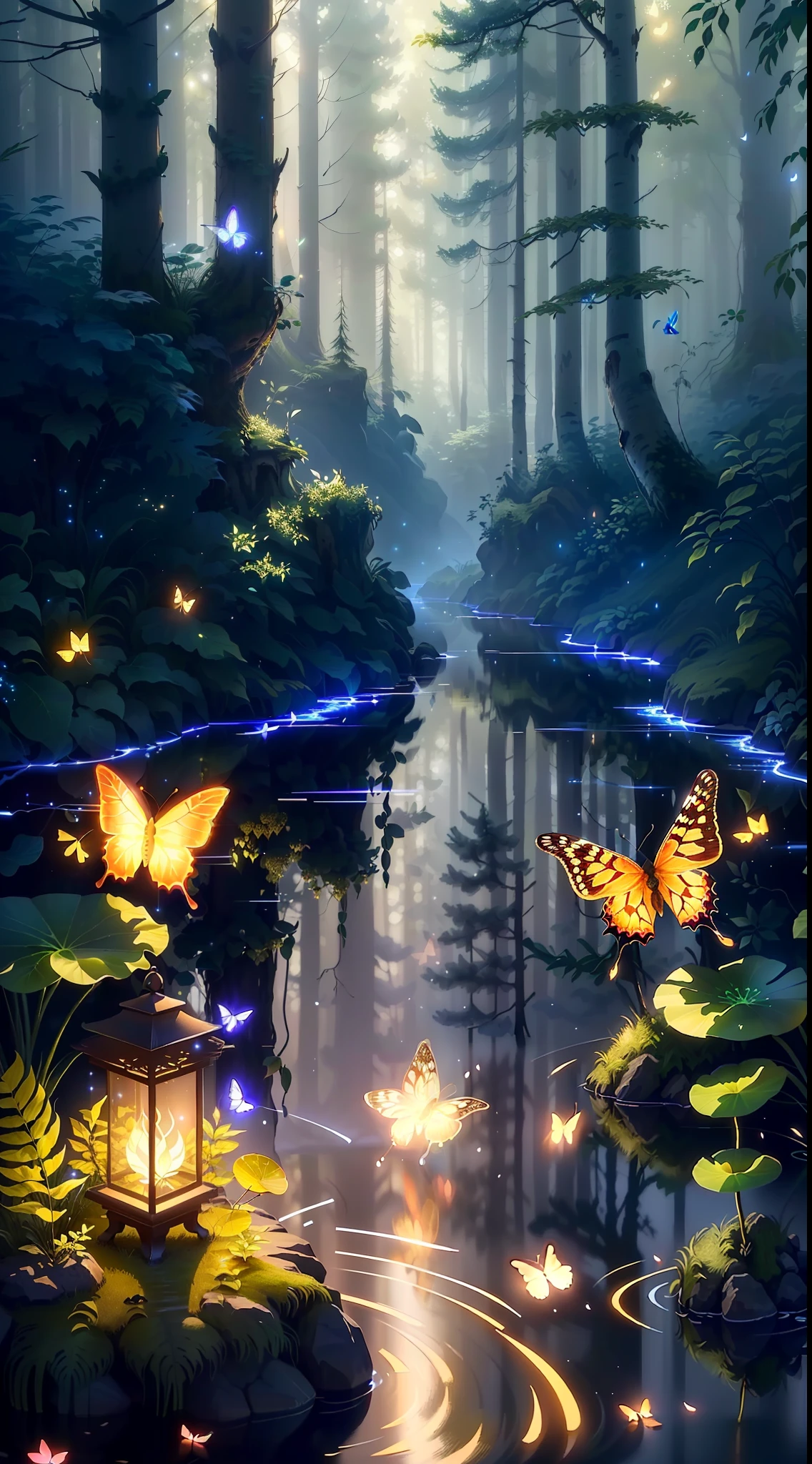 A masterpiece, the best quality, stunning reflections, the best reflections ever. (very detailed CG unity 8k wallpapers), (best quality), (best illustrations), (best shadows), forest theme with natural elements. Tall trees, quiet streams, small glowing mushrooms surrounded by delicate leaves and branches, with fireflies and glowing particle effects,, (natural elements), (jungle theme), (leaves), (twigs), (fireflies), butterflies, (delicate leaves), (glow), (particle effects). , Isometric 3D, Octane Rendering, Ray Traced, Super Detailed