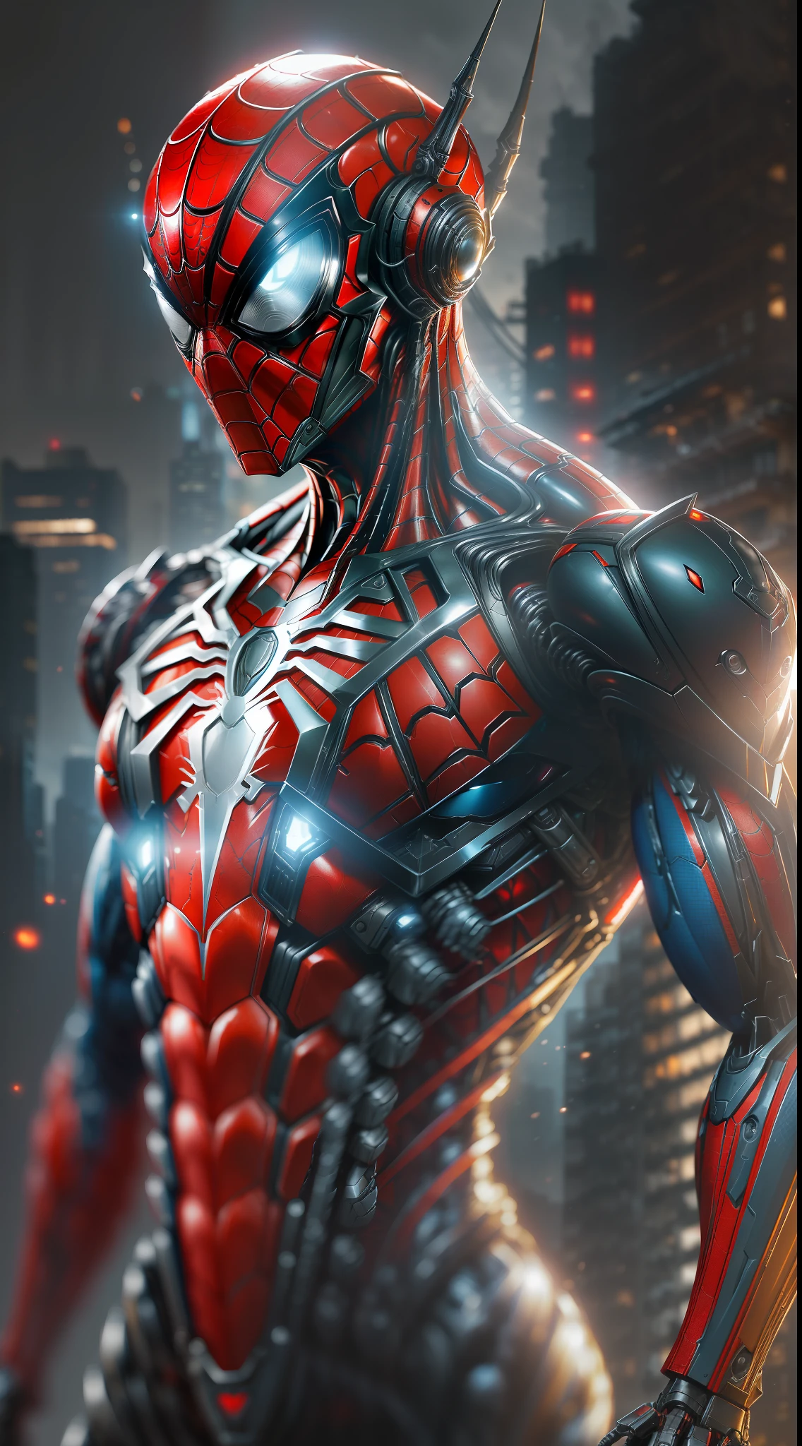 The Savage Spider-Man from Marvel photo, biomechanical, complex robot, full growth, hyper-realistic, insane small details, extremely clean lines, cyberpunk aesthetic, a masterpiece presented at Zbrush Central