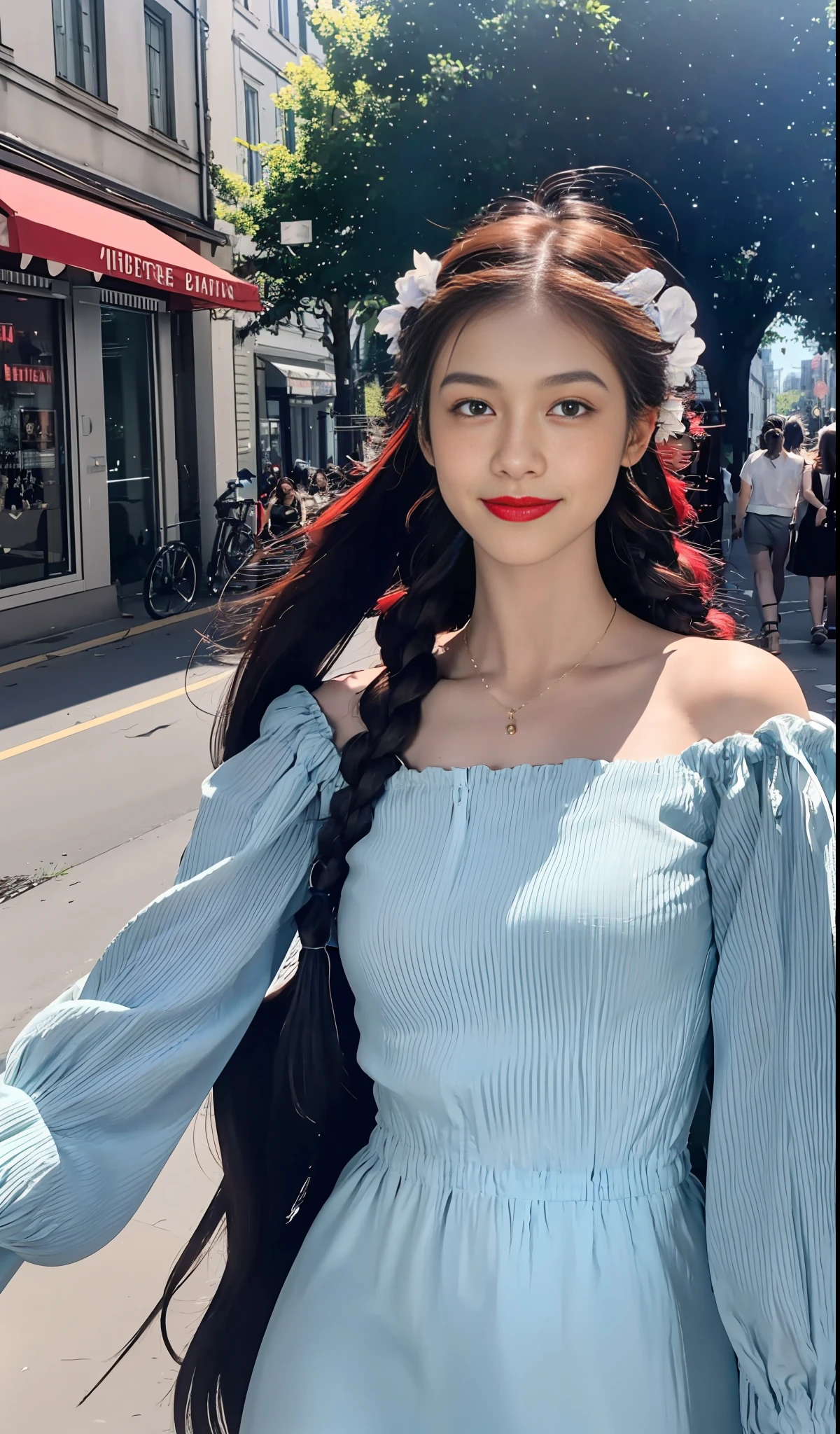 Cinematic lighting, cinematic style, best quality, blue sky, white clouds, braids, long hair, European and American girls, double eyelids, 1girl, medium points, flowing hair, delicate hair, real, city, block, street, background blur, Boston, (lipstick), red lips, eye shadow, smile, show teeth, European architecture,