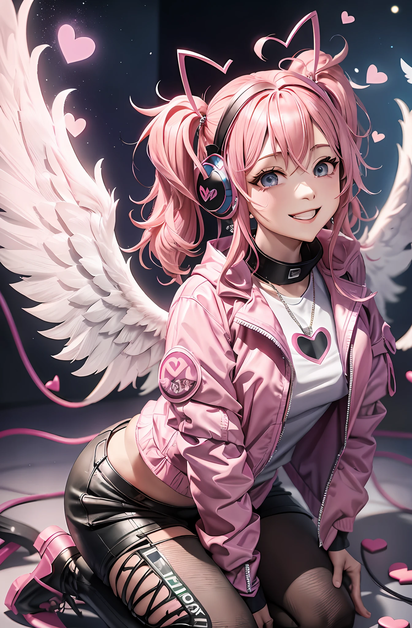 Pink hair. Pigtails. Long pants. Parka. Earring. Angel wings. Heart-shaped vacant chest. Heart logo. A big smile. Game Center. Headphone. White wings. Kneeling. Get on your knees.