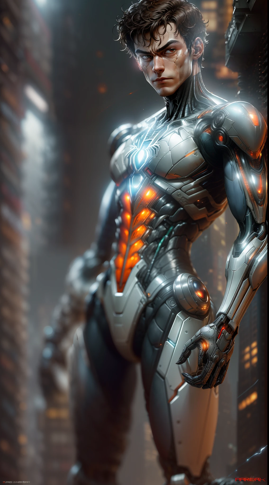 photo of Billionaire Peter Parker wears Spider-Armor from Marvel, biomechanical, complex robot, full growth, hyper-realistic, insane small details, extremely clean lines, cyberpunk aesthetic, masterpiece presented at Zbrush Central
