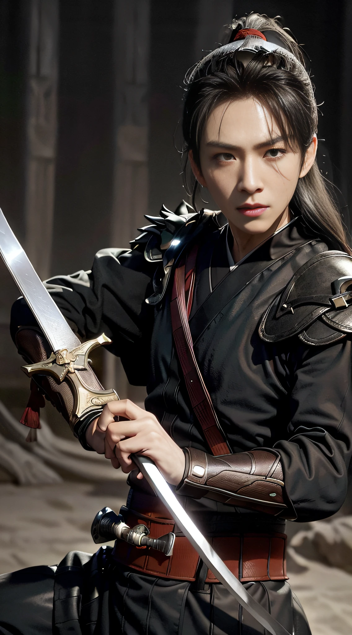 (Positive Focus), (In the Dark: 1), (Best Quality), (Realisticity: 1), Movie Poster, Realistic Skin Texture, Highly Detailed, 8k Wallpaper, Volume Lighting, Dynamic Lighting, A Man, Long White Hair, Ponytail, Black Robe, Red Belt, Small Amount of Armor, Shoulder Armour, Waist Guard, Hand Guard, Veil, Holding a Long Sword in front of the Body, Ancient Chinese Style, Short Sword at the Waist Attacking Posture, Blood Stains, Broken Clothes, Ancient Chinese Battlefield, Ancient Soldiers Chasing and Killing, Arrows Flying, War, Night, dramatic composition, sword qi surrounding, picture detail, war, movie lighting,