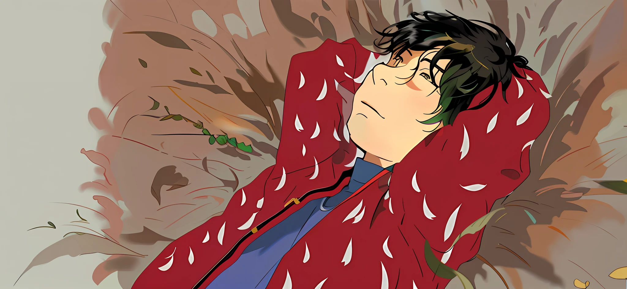 (warm light: 1.2), dry yellow meadow, Asian male farmer, bun face, Ge You lying down, an unflattering expression, looking at the sky, sparse stubble, lying on the grass, close-up of side face, messy black hair, inappropriate size of clothes, torn red cotton jacket, torn green cotton pants, Chinese ink painting style, intricate details, volumetric lighting BREAK (masterpiece: 1.2), (best image quality), 4k, super detailed, (dynamic composition: 1.4), rich details and colors, (rainbow colors: 1.2), (Glow, Atmospheric Illumination), Dreamy, Magic, (Solo: 1.2)