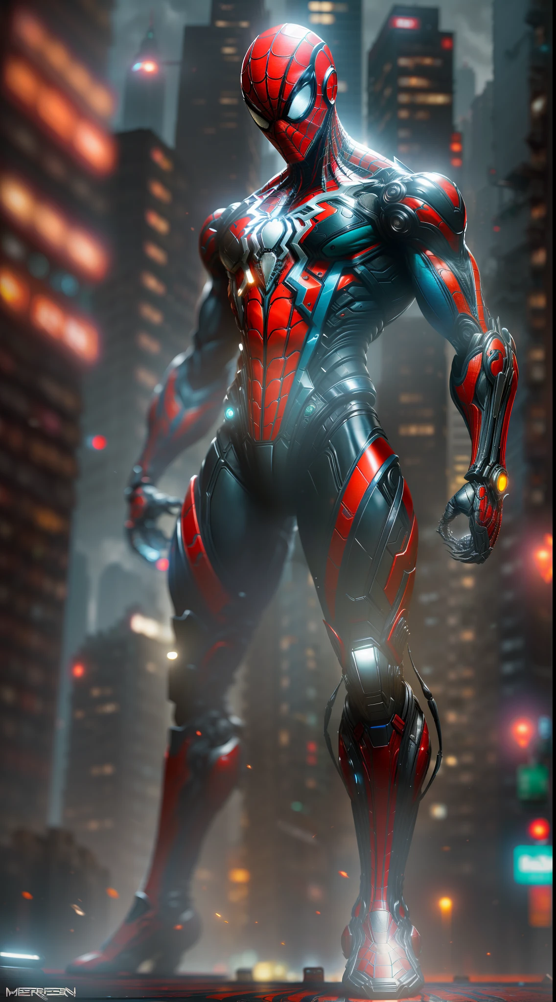 Poison Spider-Man from Marvel photography, biomechanical, complex robot, full growth, hyper-realistic, insane small details, extremely clean lines, cyberpunk aesthetic, masterpiece featured at Zbrush Central