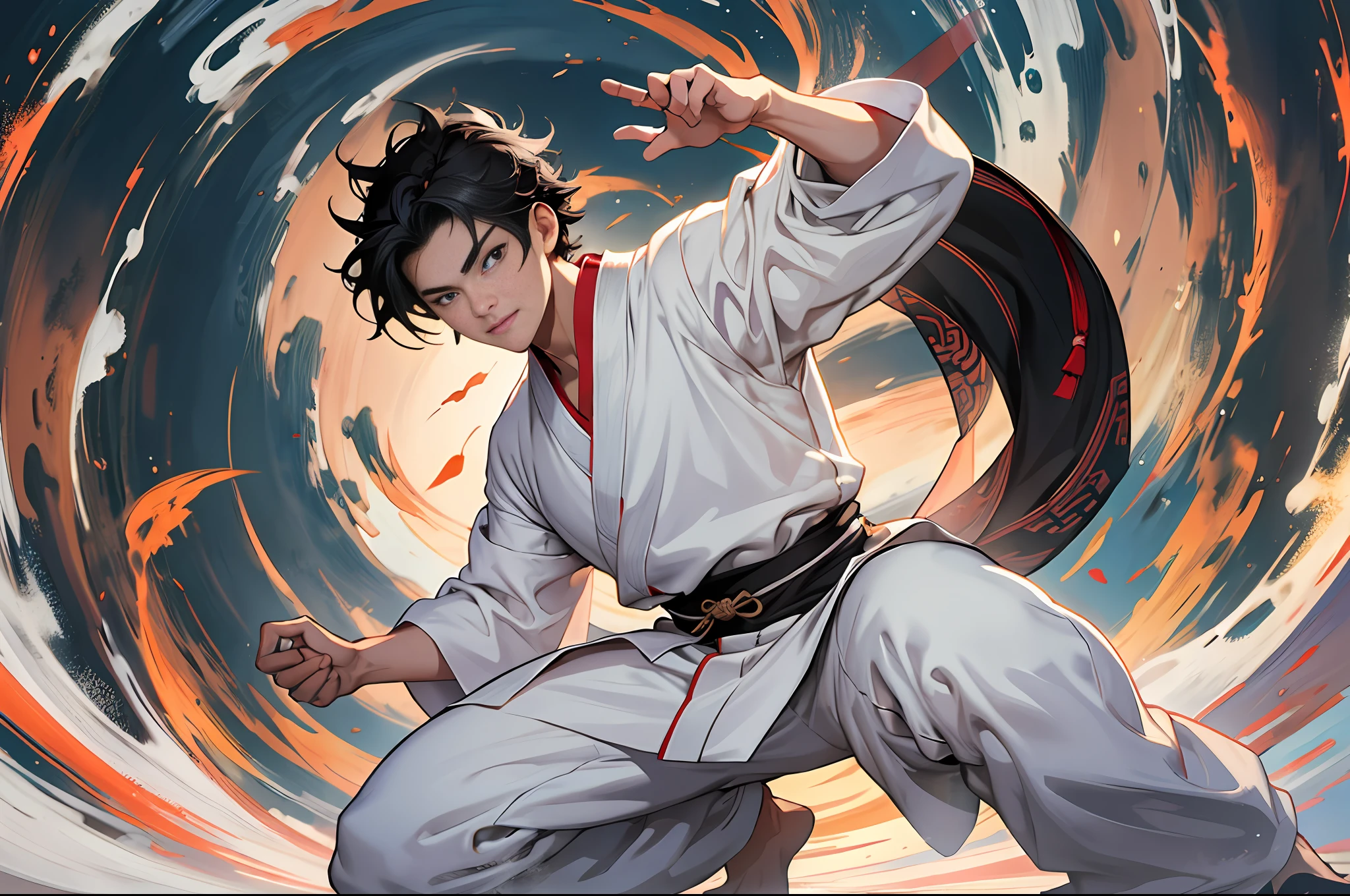 Best Quality, Masterpiece, High Resolution, 1boy, Ancient Chinese, 18 years old, short black hair, white pajamas, Kung Fu, Yard, 4k, 8k. Chinese ancient style. (High Detail skin: 1.2), 8K UHD, DSLR, Soft Light, High Quality, Volume Light, Photo, High Resolution, 4K, 8K.