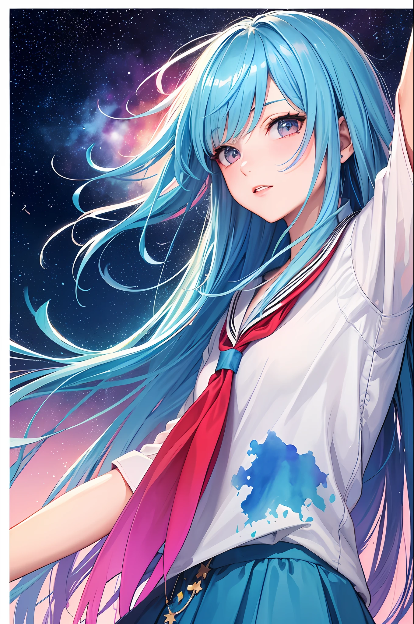 (Masterpiece, Highest Quality, Best Quality, Watercolor (Medium), Official Art, Beautiful and Aesthetic: 1.2), (1 Schoolgirl: 1.3), (Fractal Art: 1.3), Upper Body, From the Side, Look at the Viewer, Pattern, (Iridescent Hair, Colorful Hair, Half Blue and Half Pink Hair: 1.2), Water, Liquid, Clouds, Colorful, Starry Sky, Stars,