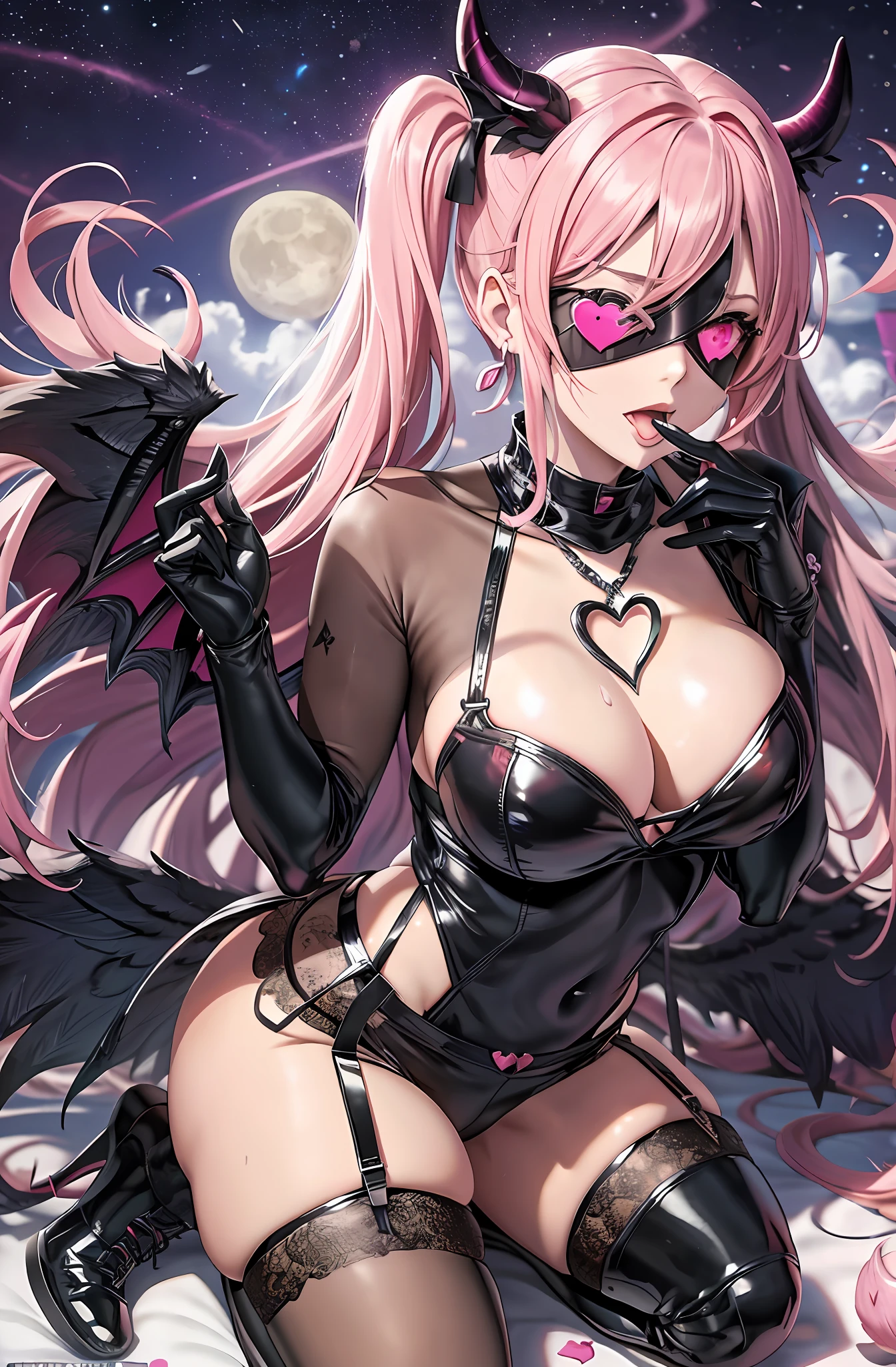 Pink hair. Pigtails. Miniskirt. Earring. Devil's wings. Fallen angel. Yami Ochi. Evil chi. Devil. Universe. Moon. Heart-shaped vacant chest. Heart logo. Blindfold. Open mouth. Stick out your tongue. Sweat. Drool. Lick your fingers. Put your finger in your mouth. Kneeling. Cover both eyes with a cloth.