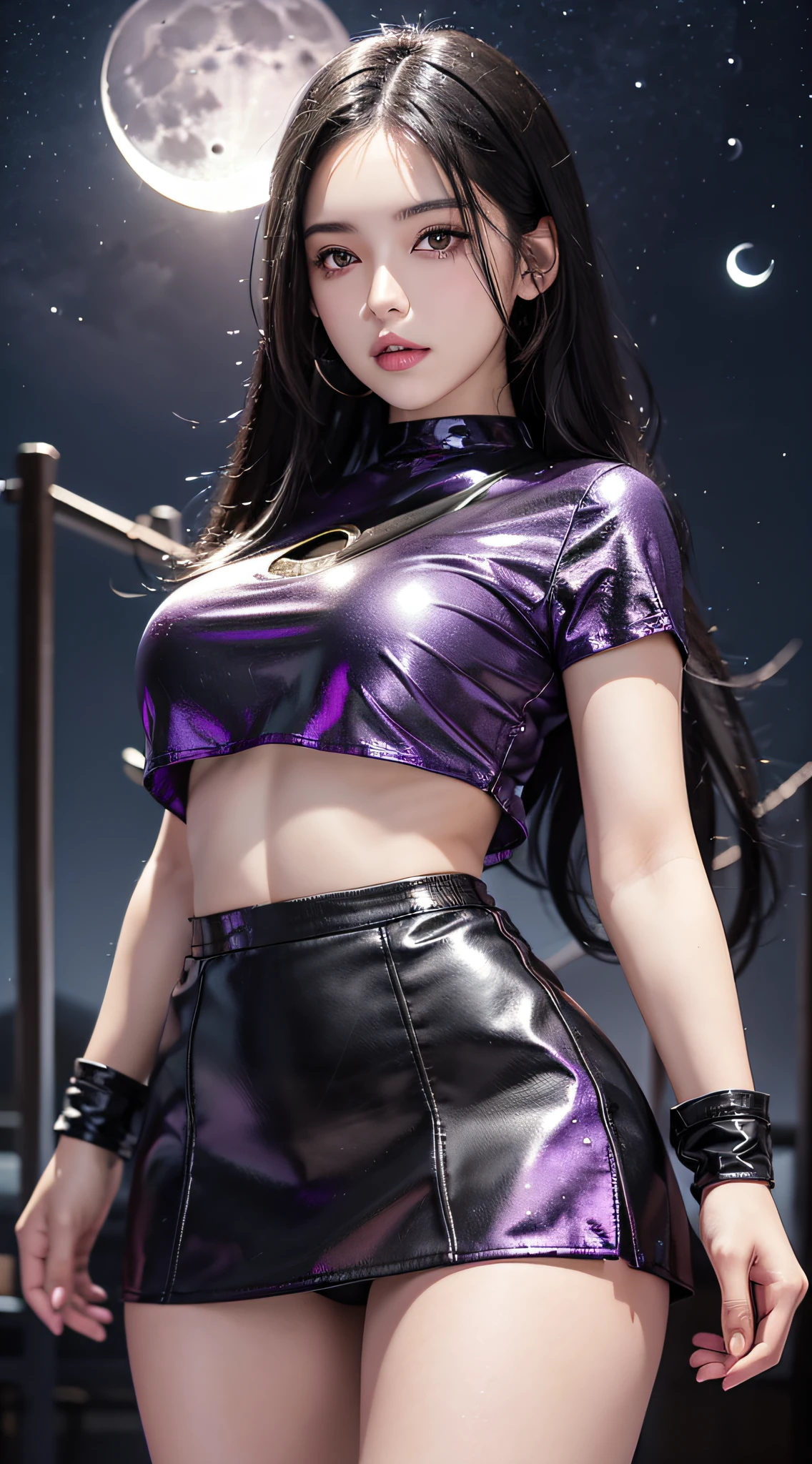 Realistic, one girl, (black hair), dark eyes, shining eyes, (light purple crop top), miniskirt, parted lips, blush, ((night)), ((moon)), (moonlight)),