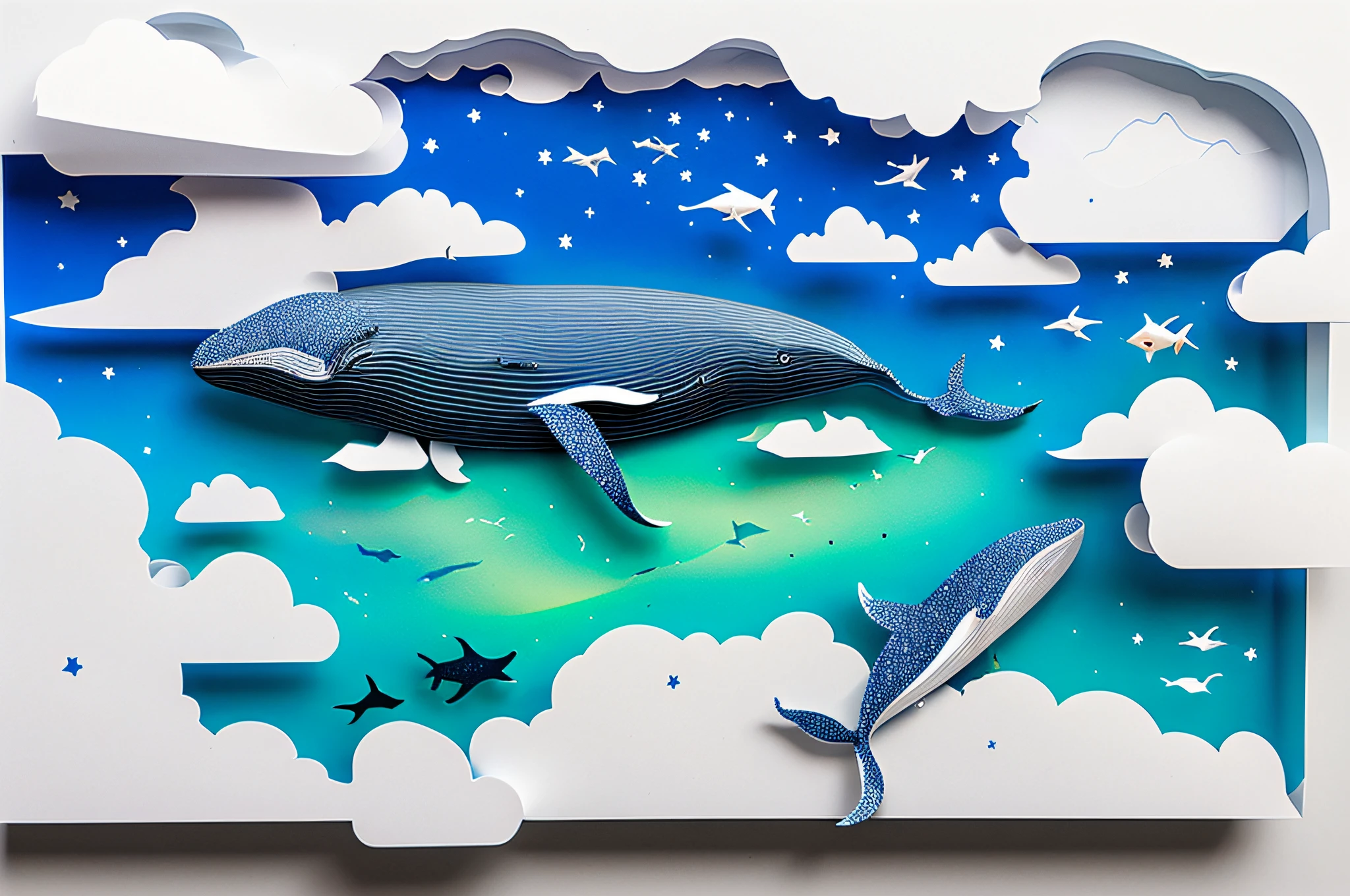 realistic, (best quality, masterpiece:1.3),illustration,whale , floating in the clouds, cloudy sky, paper_cut,