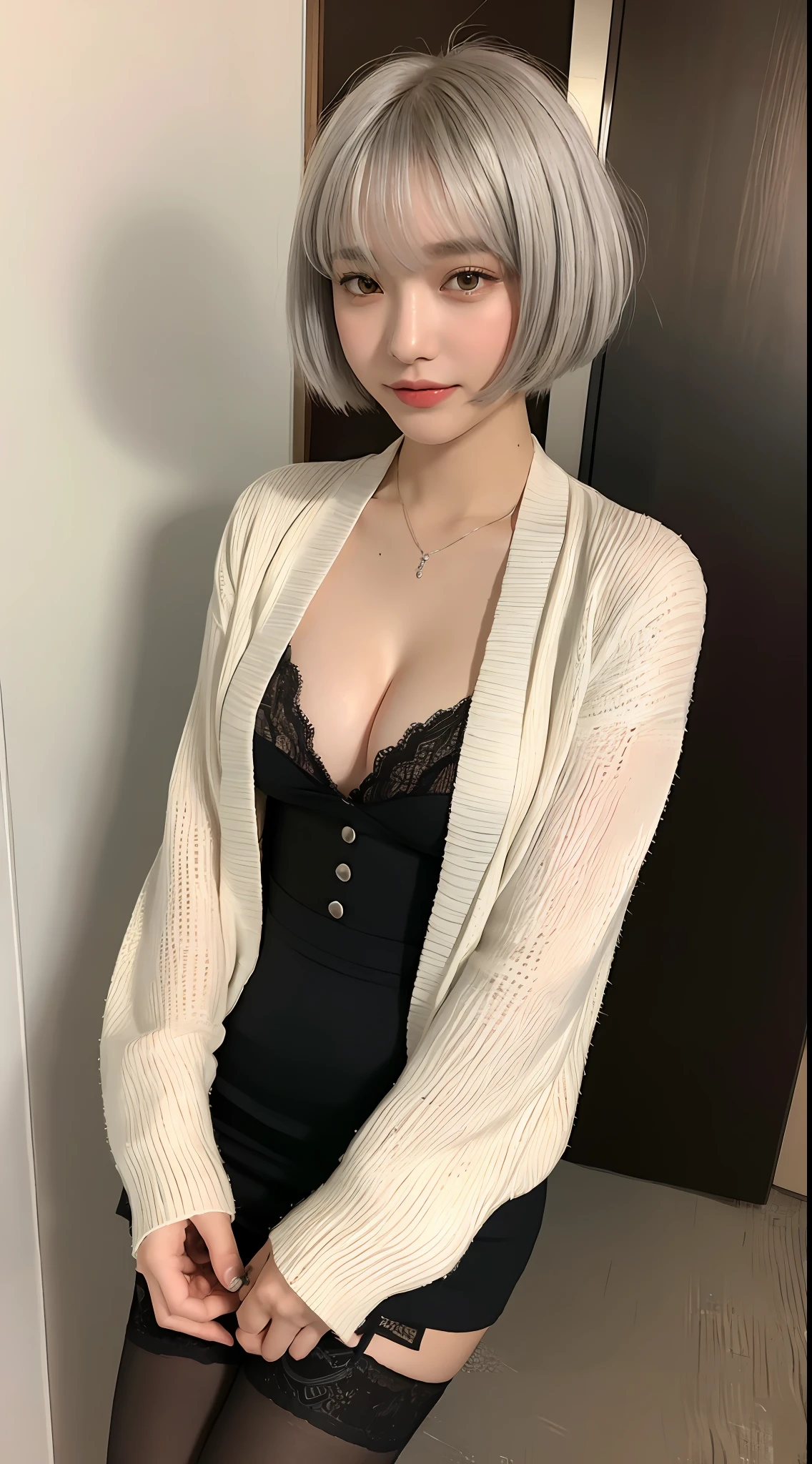 ((Best Quality, 8k, Masterpiece: 1.3)), 1girl, (RAW photo, best quality), (realistic, photo-realistic:1.3), Masterpiece, Extremely Detailed, Extremely Detailed, CG, Unity, 2k wallpaper, Amazing, fine detail, light smile, extremely CG unity 8k wallpaper , huge file size, super detailed, highres, ridiculous, soft light, (((short hair: 1.3), short bangs, silver hair, flowing novafrogstyle)), pretty detail girl, finger detail, eyes and face extremely detailed, beautiful and delicate nose, beautiful and delicate eyes, long eyelashes, shallow face, looking at the audience, (Shut up: 1.2), 1girl, cute, young, mature face, (full body: 1.3), (medium breasts), realistic face, realistic body, beautiful detailed thigh, (ulzzang-6500-v1.1:0.8), suit, crossover lace clothes, collared shirt, open clothes, in office, detailed office, cardigan, black stockings, mini skirt, black lingerie, open button shirt,