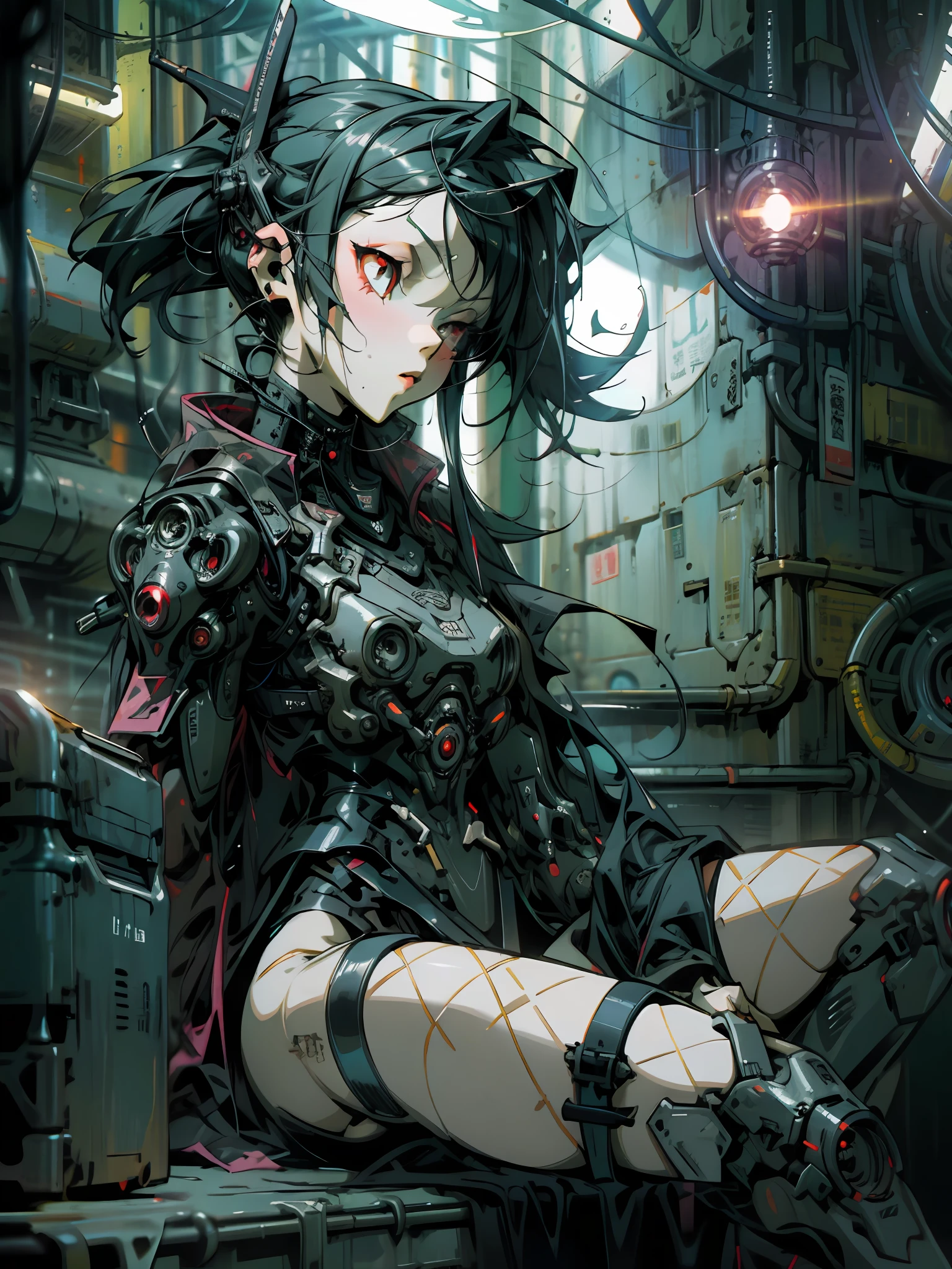 masterpiece, highly detailed, high quality, goth punk girl, red eyes, dynamic angle, sitting , pop, cyberpunk, sci-fi, illustration, cinematic lighting,