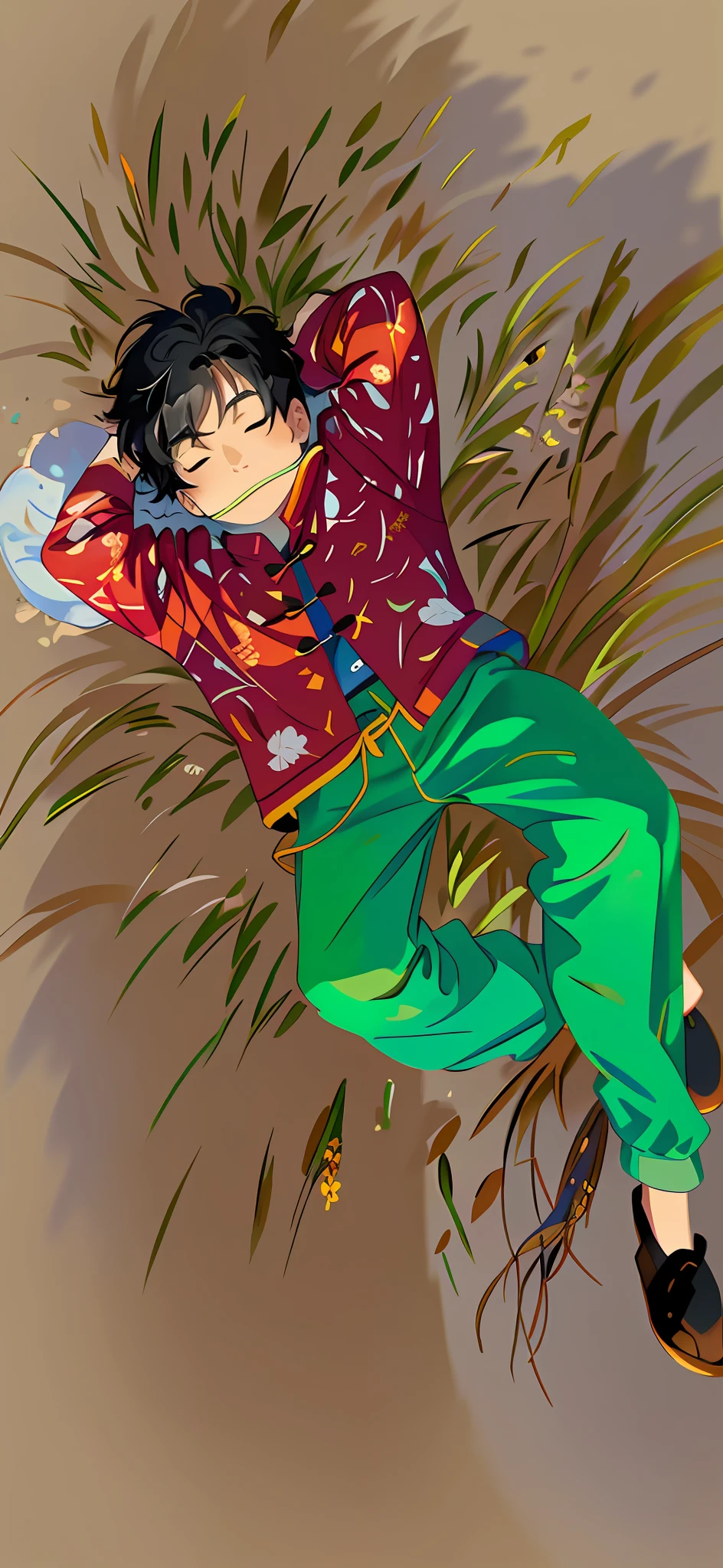 (warm light: 1.2), dry yellow meadow, Asian male farmer, Ge You lying down, an unflattering expression, looking at the sky, sparse stubble, lying on the grass, looking down overhead, messy black hair, clothes of inappropriate size, torn red cotton jacket, torn green cotton pants, Chinese ink painting style, intricate details, volumetric lighting BREAK (masterpiece: 1.2), (best image quality), 4k, super detailed, (dynamic composition: 1.4), rich details and colors, (rainbow colors: 1.2), (glow, Atmospheric Lighting), Dreamy, Magical, (Solo: 1.2)