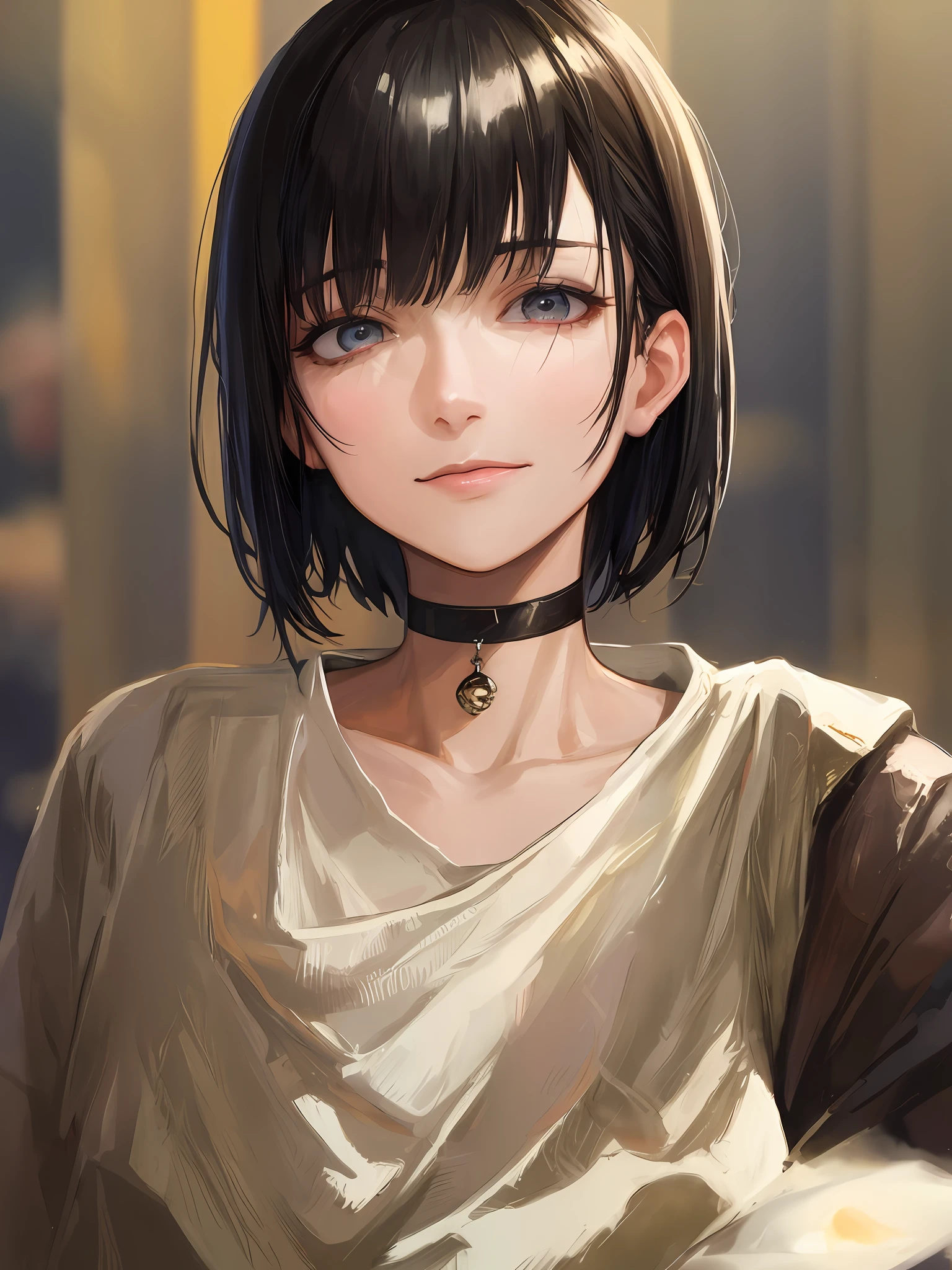 (realistic,painting_style,) mature, virtual youtuber, short hair, black hair, choker, masterpiece, best quality, cowboy_shot, standing, realistic eyes, head tilt, smug, looking_at_viewer, dim city lights, holding_