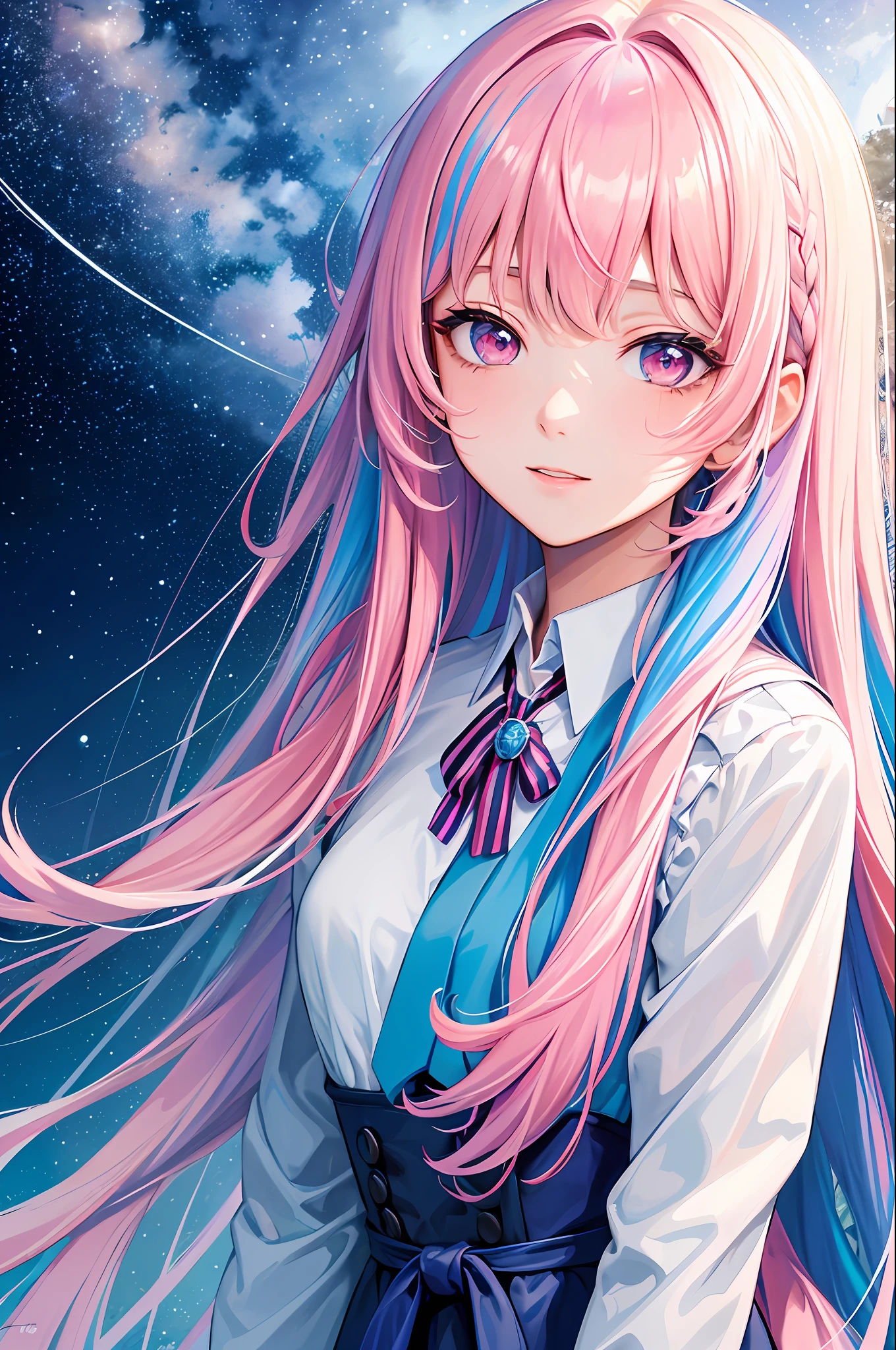 (Masterpiece, Top Quality, Best Quality, Watercolor (Medium), Official Art, Beautiful and Aesthetic: 1.2), (1 High Girl: 1.3), (Fractal Art: 1.3), Upper Body, Frontal, Face Up, Pattern, (Iridescent Hair, Colorful Hair, Half Blue and Half Pink Hair: 1.2), Water, Liquid, Clouds, Colorful, Starry Sky, Stars,