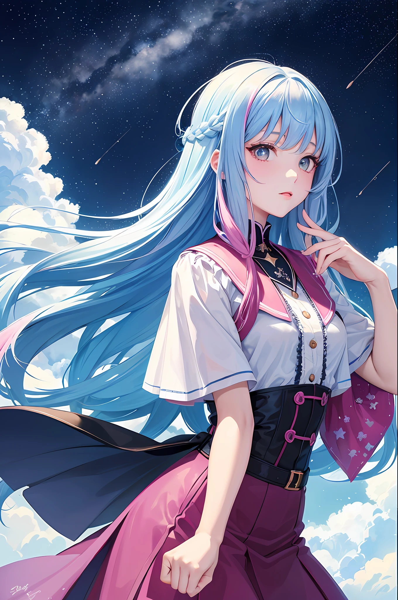 (Masterpiece, Top Quality, Best Quality, Watercolor (Medium), Official Art, Beautiful and Aesthetic: 1.2), (1 High Girl: 1.3), (Fractal Art: 1.3), Upper Body, Frontal, Face Up, Pattern, (Iridescent Hair, Colorful Hair, Half Blue and Half Pink Hair: 1.2), Water, Liquid, Clouds, Colorful, Starry Sky, Stars,