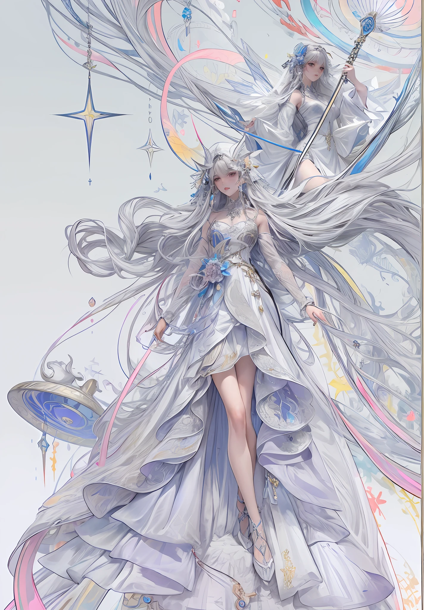 Masterpiece, top quality, official art, 8k wallpaper, RAWE extreme detail, illustration, 1 drawing of a woman in a long dress and cross, heaven, astral fairy, jellyfish priestess, clean anime silhouette, goddess of time and space, sky witch, exquisite line art, clean line art, starlight ethereal, goddess. Extremely high details, flowing hair and robes,