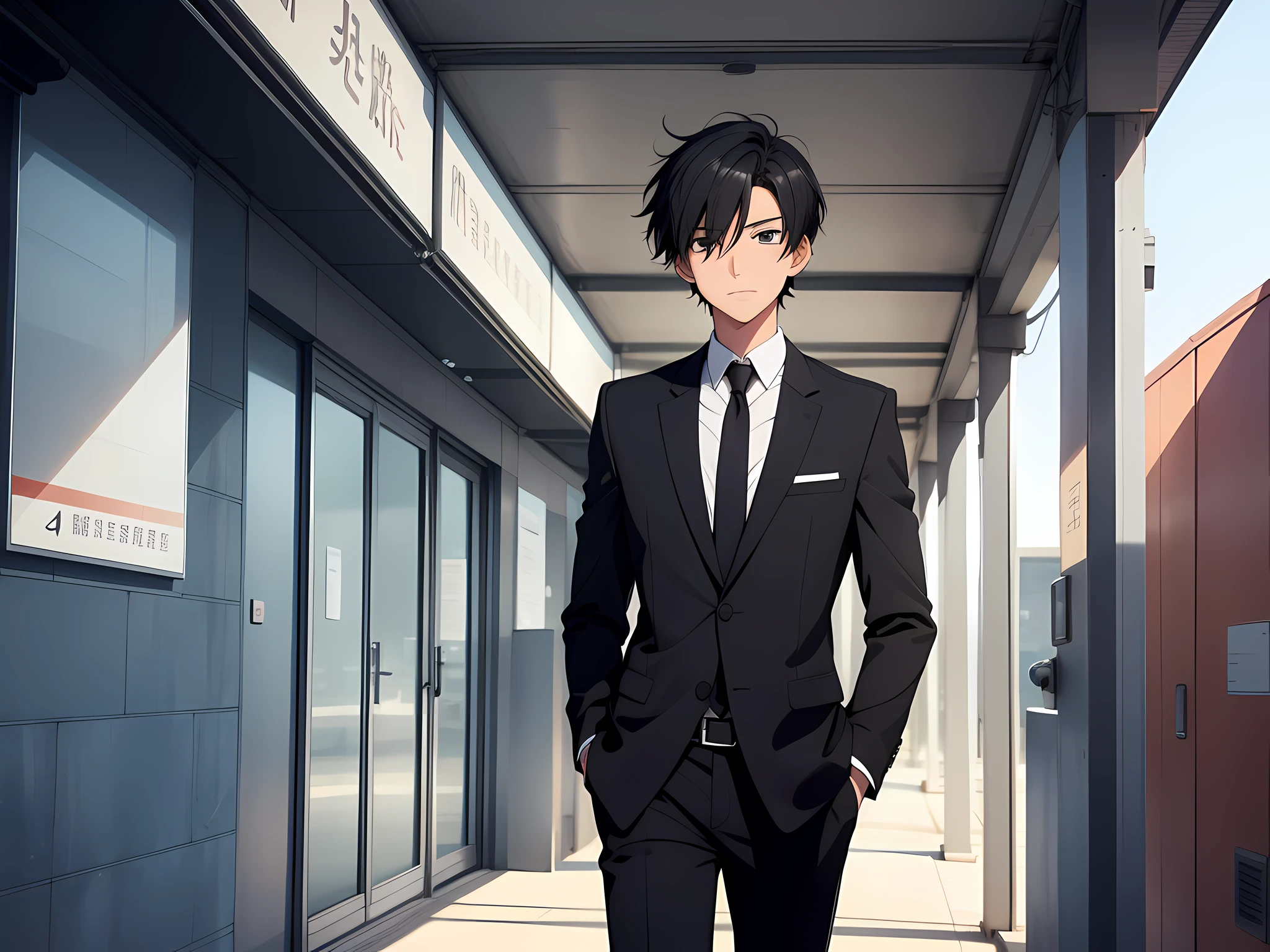 A boy in a suit with short black hair at the entrance of the hospital, manga, anime style