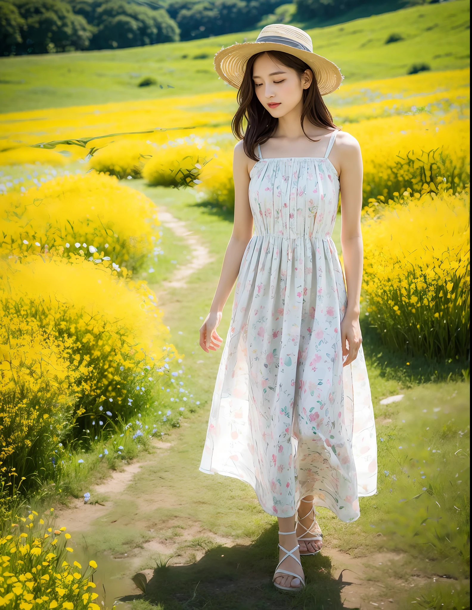 In the photo, a gentle and exquisite lady stands in front of a meadow of flowers, wearing a refreshing sundress. Choosing soft fabric can bring a breath-like feeling to the skin, and the design with small floral prints can highlight the feminine and gentle temperament. Paired with a vintage wide-brimmed straw hat and a comfortable pair of flat sandals, the entire ensemble perfectly showcases a ladylike vibe.
