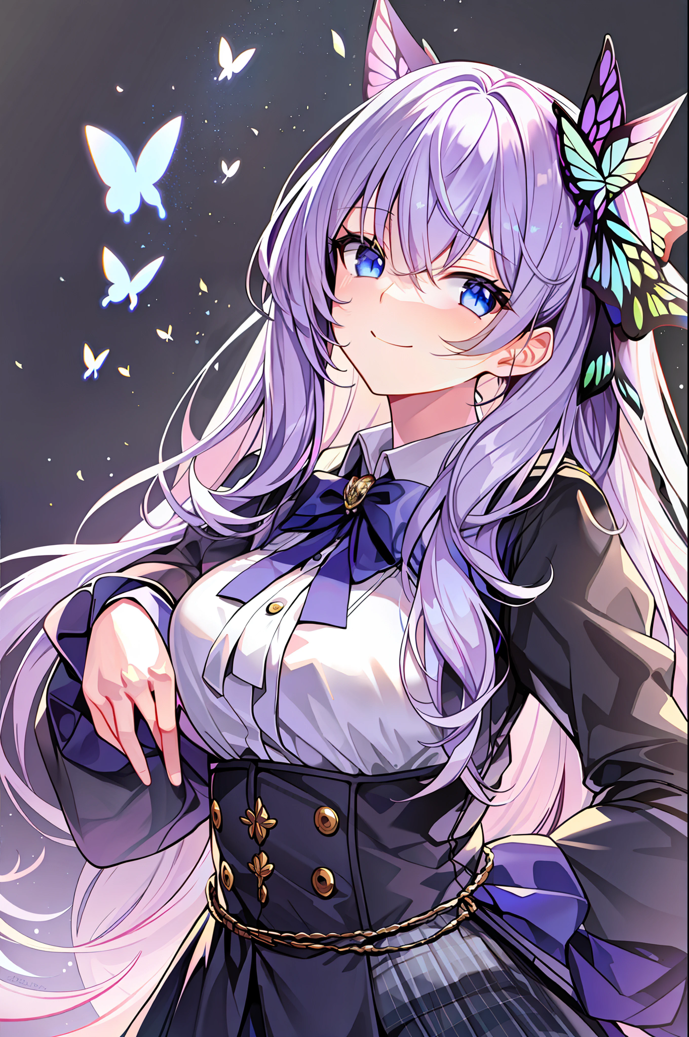 masterpiece, best quality, against backlight at dusk, in a meadow, girl, very long hair, beautiful detailed eyes, gradient_eyes, looking at viewer, half-closed eyes, seductive smile, large , school uniform, hair_ribbon, white pantyhoingerless_gloves, hand on hip, hand on own chest, multi-tied hair, butterfly harnament,