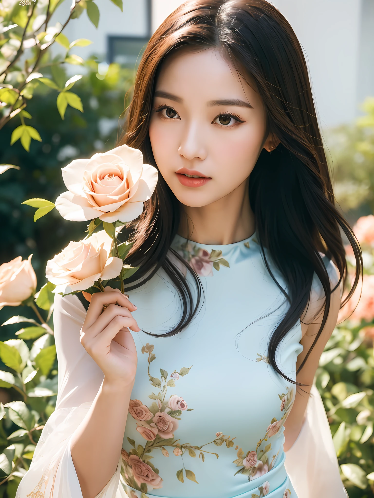 (Ultra high resolution of 8k), (gorgeous Chinese style dress), (Elegant strolling Korean girl holding roses), delicate cute face, eye-catching, romantic flowers, combination of romance and beauty, static angle, soft light, soft tone, big breasts, pursed mouth