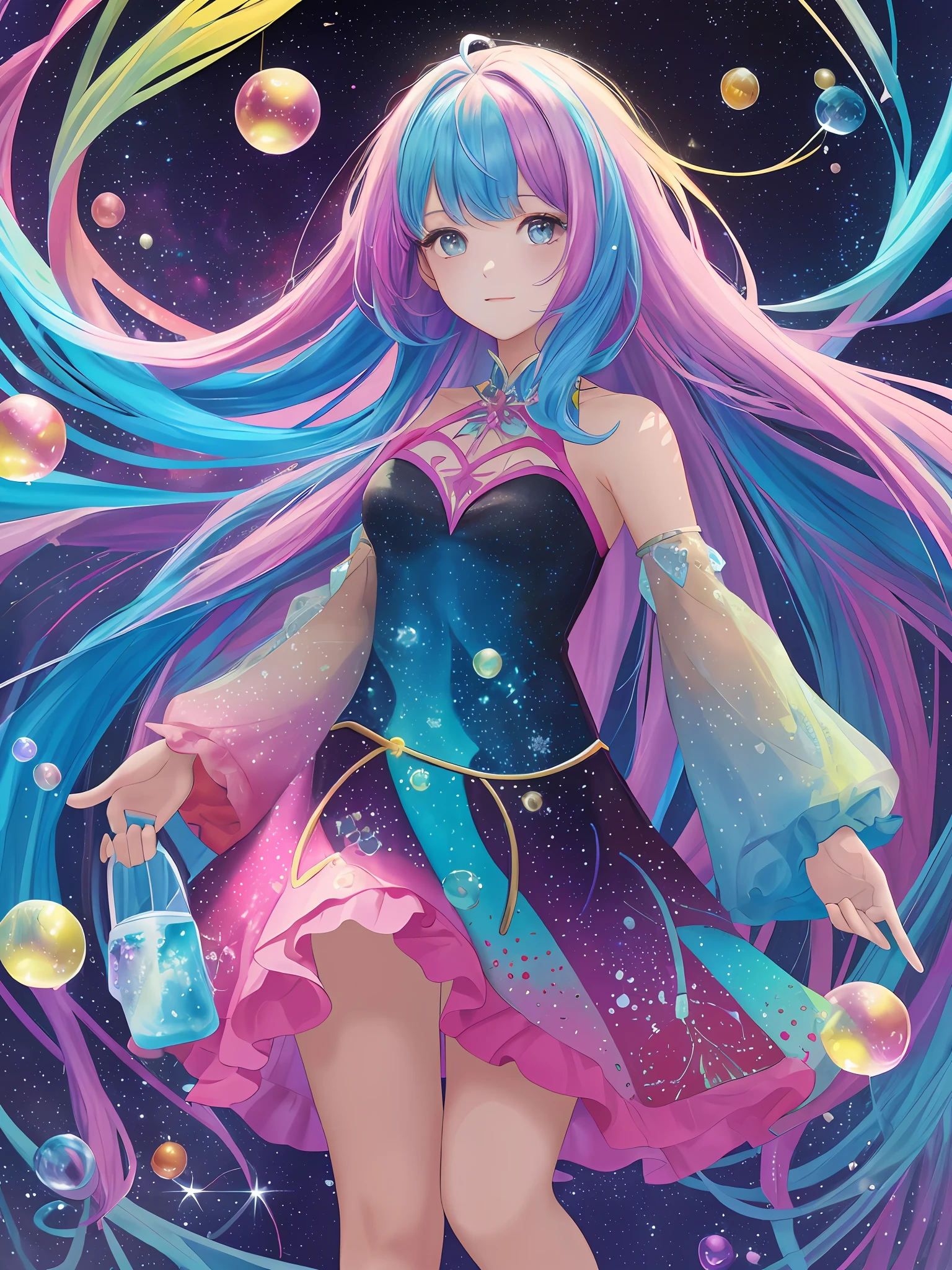 (Masterpiece, Best Quality, Best Quality, Official Art, Beautiful and Aesthetic: 1.2), (1 Girl: 1.3), (Fractal Art: 1.3), Disney, Colorful Fairy, Dotted Pattern, Upper Body, Side, Watching Viewer, Pattern, (Iridescent Hair, Colorful Hair: 1.2), Long Hair, (A lot of soap bubbles, various sizes, various colors, very colorful, luminous, floating) night, starry sky, luminous girl, bare shoulders,very colorful leotards,light blue and pink leotards,),bewitching, look at me, background is black
