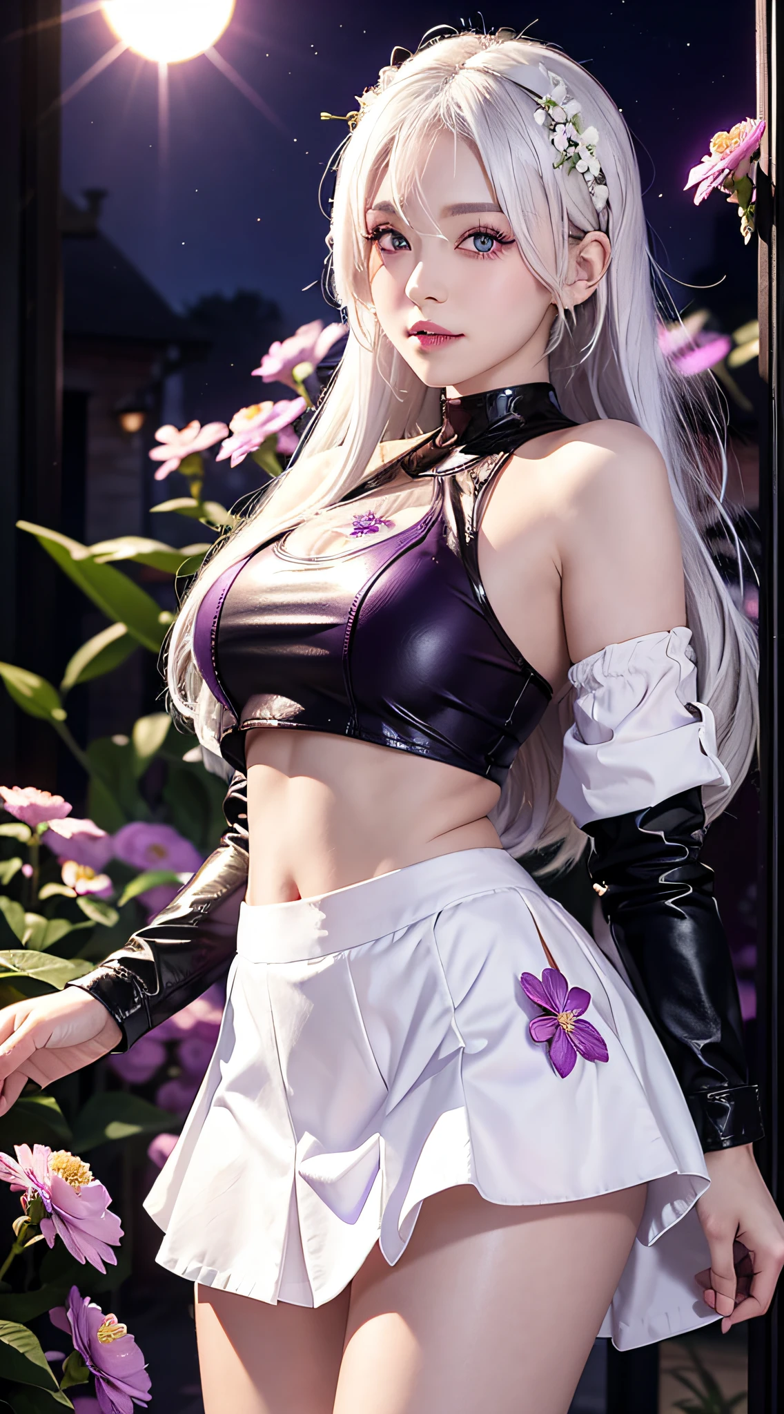 realistic, 1girl, white hair, purple eyes, glowing eyes, crop top, skirt, parted lips, blush, night, flowers, sun, sunlight,
