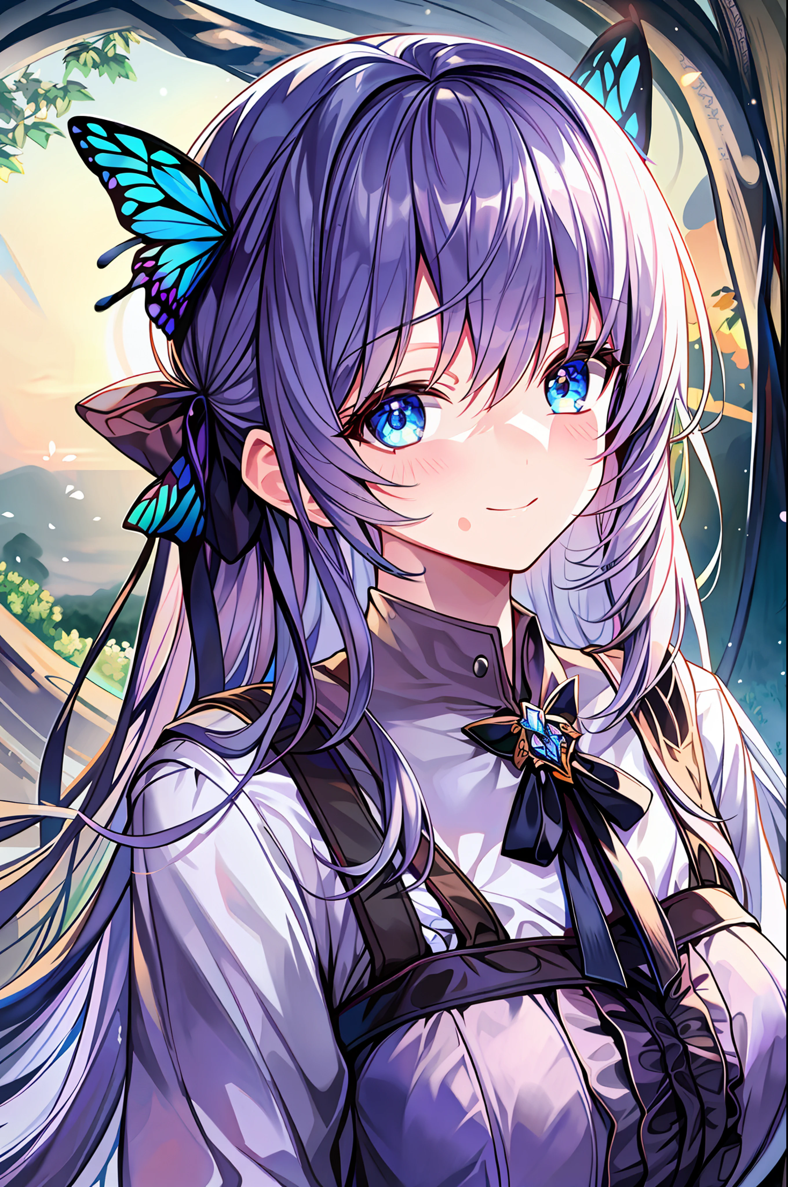 masterpiece, best quality, against backlight at dusk, in a meadow, girl, very long hair, beautiful detailed eyes, gradient_eyes, looking at viewer, half-closed eyes, seductive smile, large breasts, school uniform, hair_ribbon, white pantyhose, fingerless_gloves, hand on hip, hand on own chest, multi-tied hair, butterfly hair ornament,