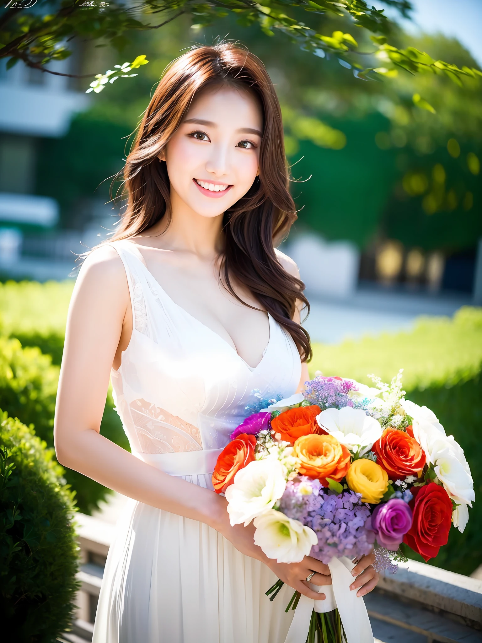 (Best Light: 1.2, Cute Korean Girl: 1.2, [White Dress: 1.3], Bouquet, Elegant and Colorful: 1.1, Bright and Attractive: 1.1, [Ultra-detailed: 1.2+Dynamic Pose+Delicate: 1.2],), , smiling, holding a multicolored bouquet,