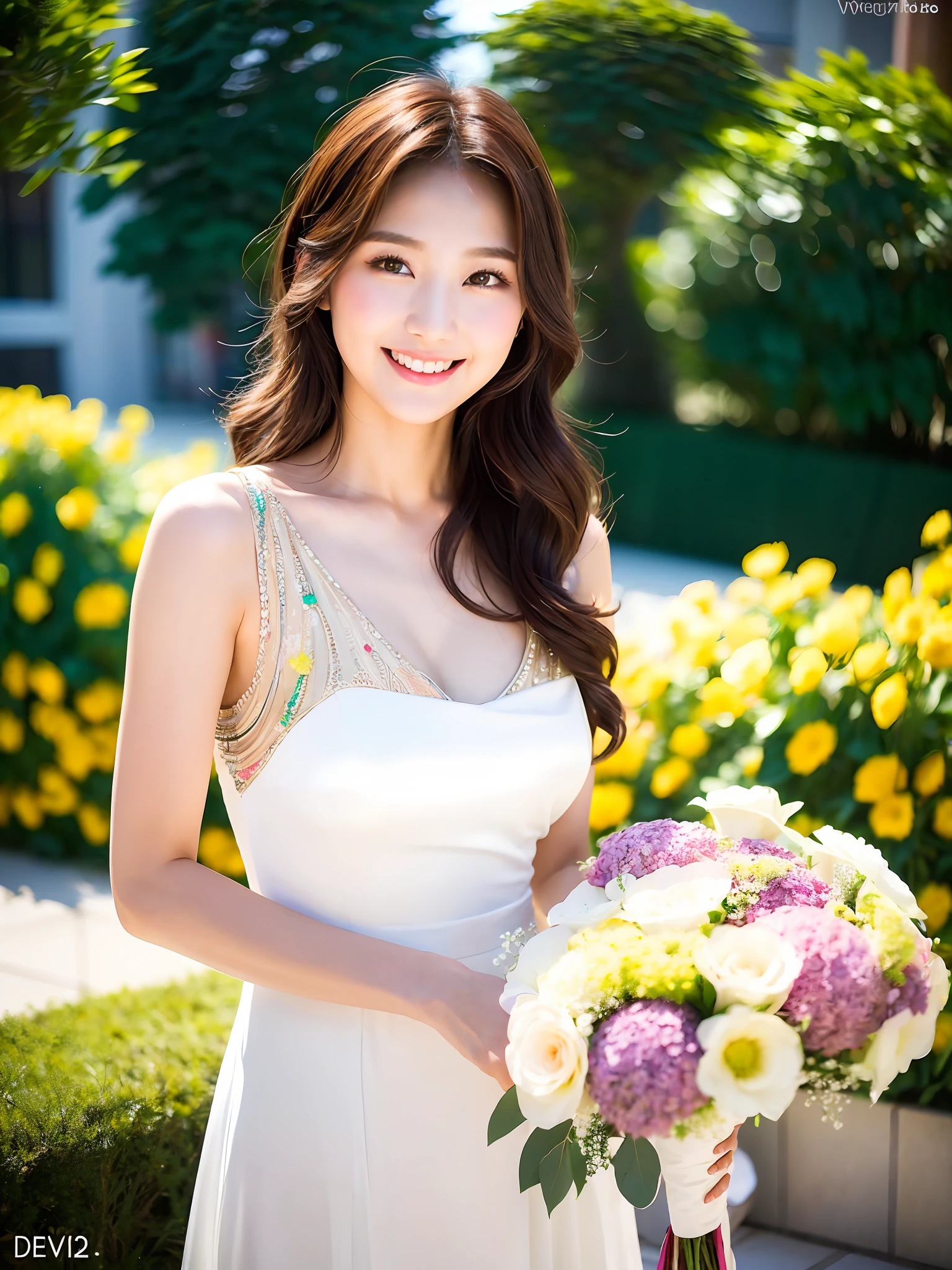 (Best Light: 1.2, Cute Korean Girl: 1.2, [White Dress: 1.3], Bouquet, Elegant and Colorful: 1.1, Bright and Attractive: 1.1, [Ultra-detailed: 1.2+Dynamic Pose+Delicate: 1.2],), Big breasts, smiling, holding a multicolored bouquet,