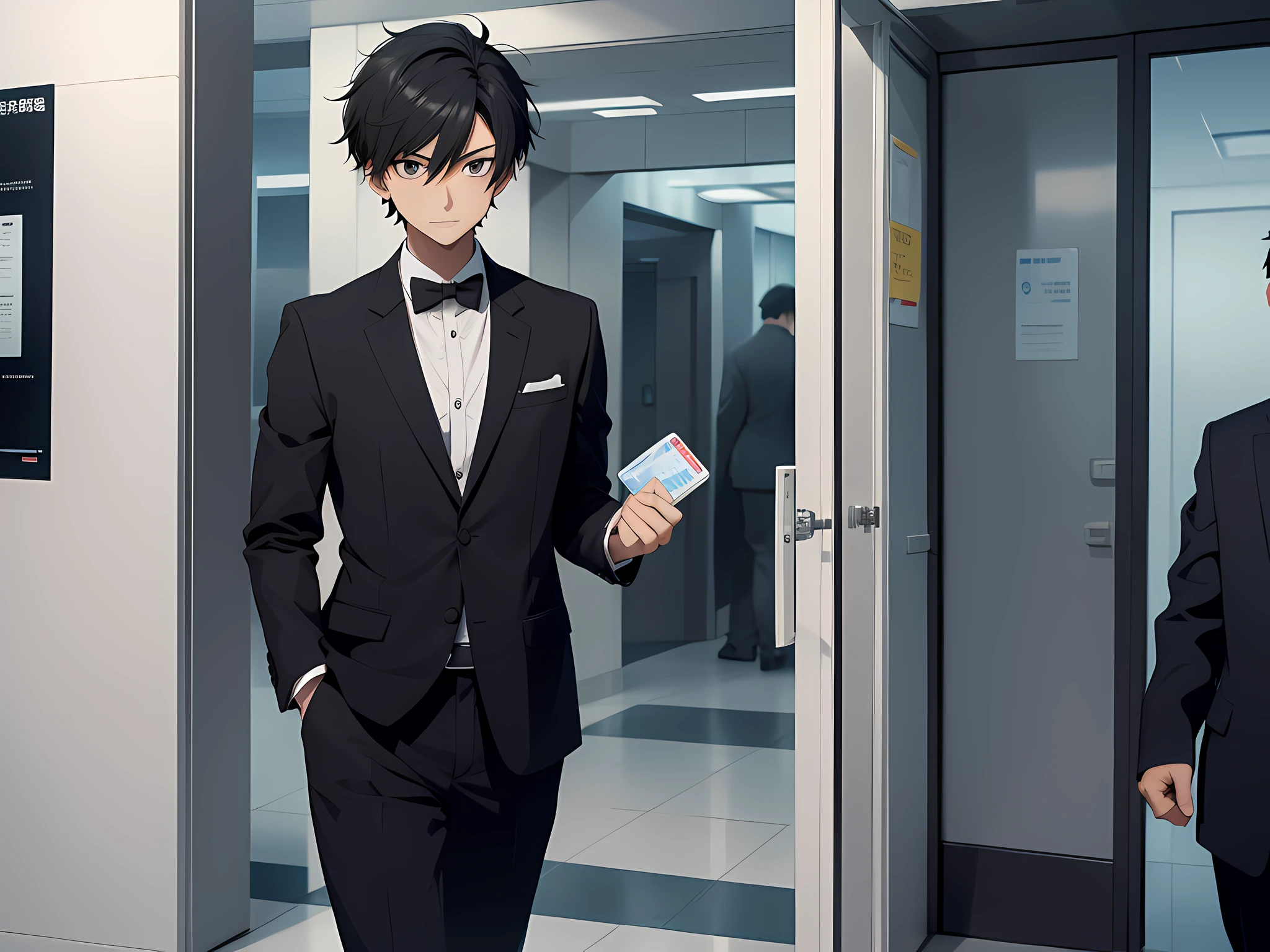 (Single: 1.8) A boy with short black hair in a suit pulls out a credit card, manga, anime style at the entrance of the hospital